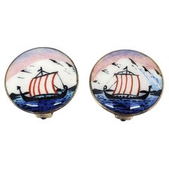 Norway Sterling Silver Enamel Viking Ship Clip On Earrings #26183