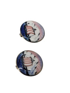 Norway Sterling Silver Enamel Viking Ship Clip On Earrings #26183