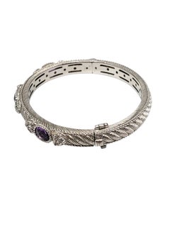 Judith Ripka Sterling Silver Amethyst and CZ Hinged Bangle Bracelet # 26782