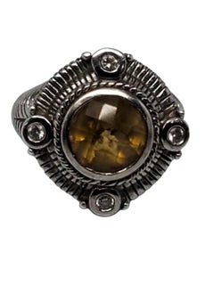 Judith Ripka Sterling Silver Yellow Stone and CZ Statement Ring Size 6 # 26783