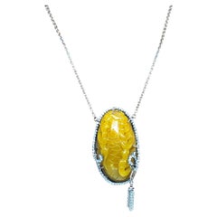 Joy Sterling Silver Carved Figural Yellow Stone Tassel Pendant Necklace #26029