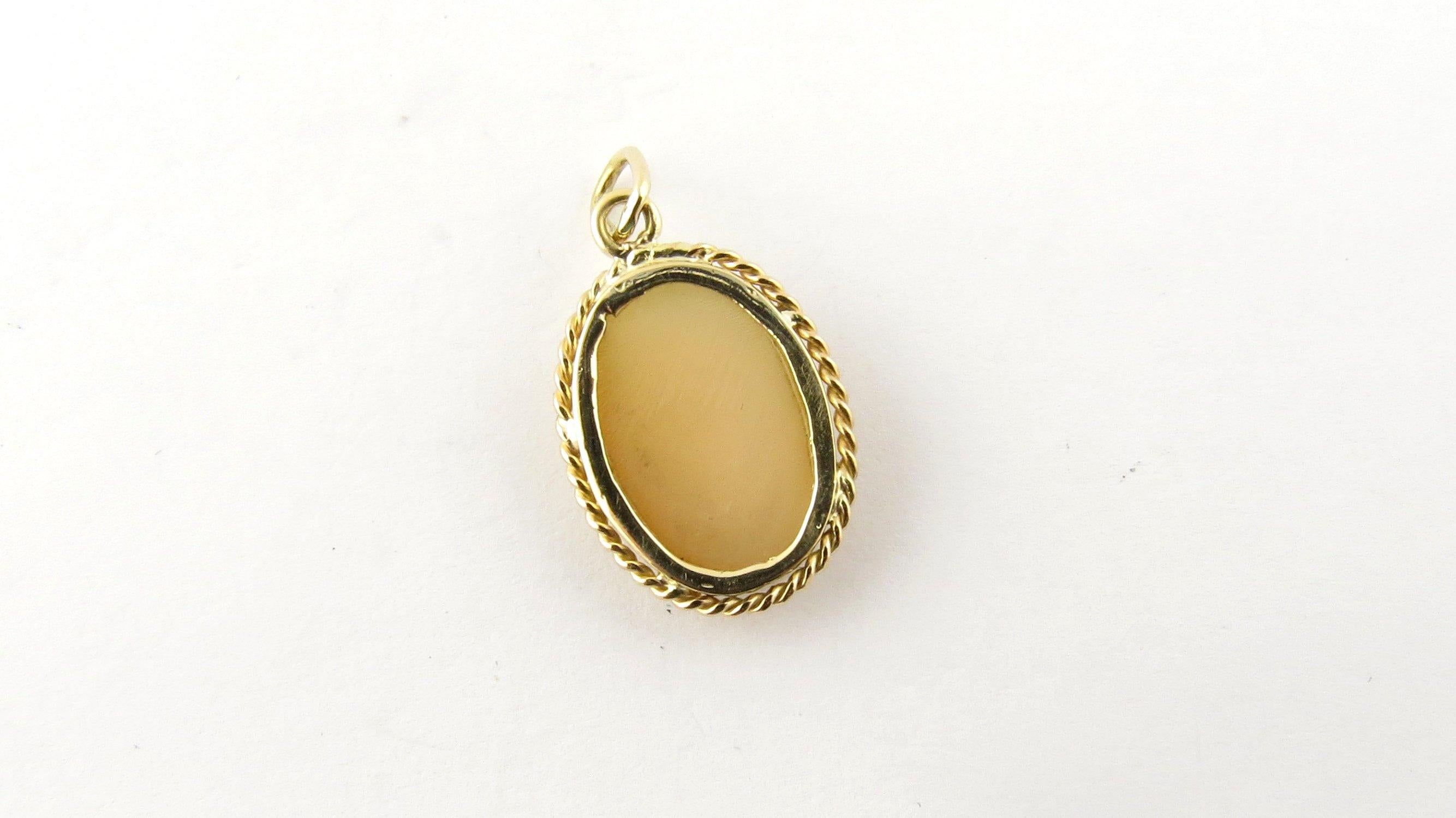 Vintage 14 Karat Yellow Gold Cameo Pendant. This elegant cameo pendant features a lovely lady in profile framed in classic 14K yellow gold.
Size: 19 mm x 12 mm (actual pendant). Weight: 0.9 dwt. / 1.5gr. Acid tested for 14K gold.
Very good
