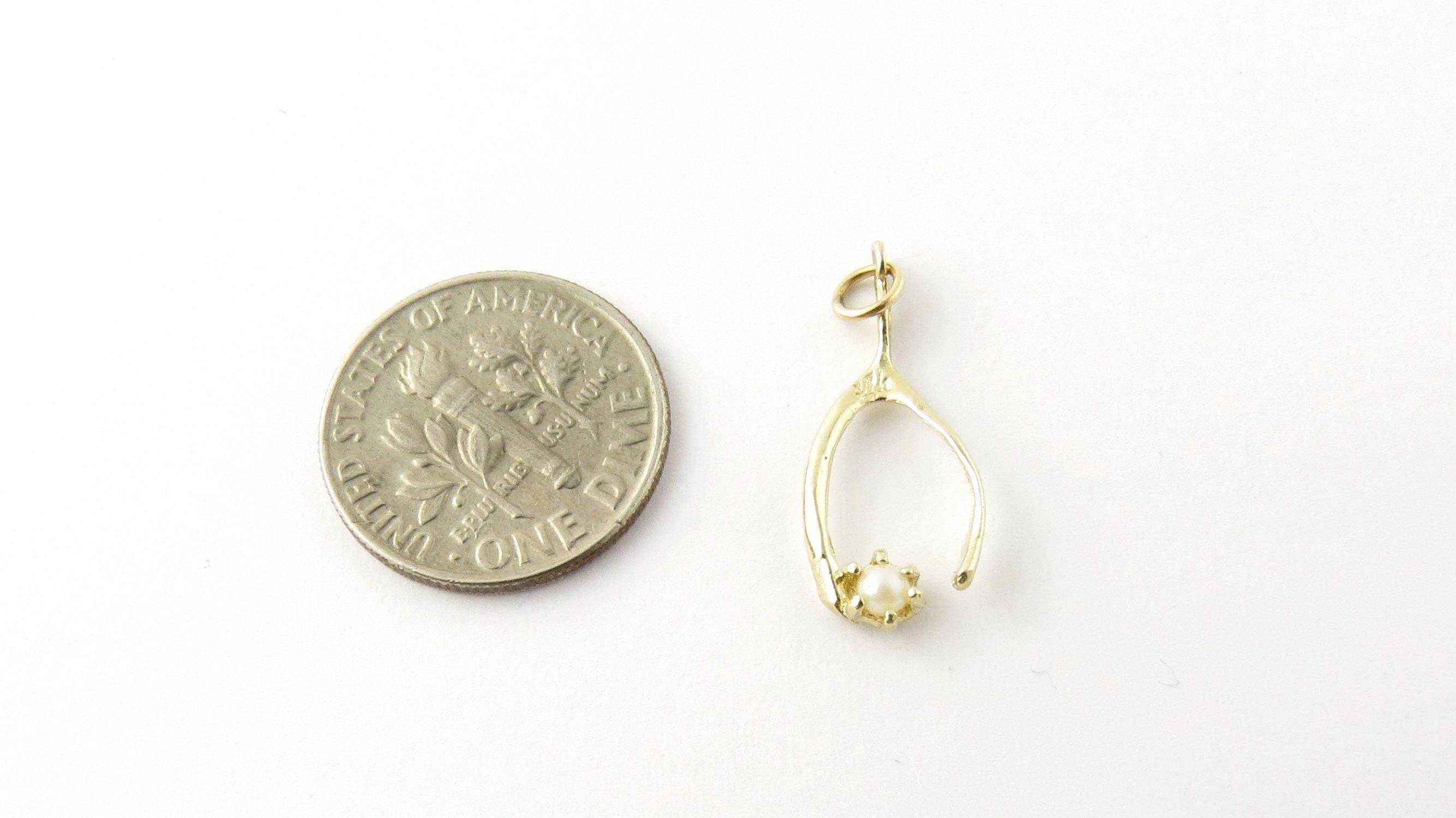 Round Cut 14 Karat Yellow Gold and Seed Pearl Wishbone Charm