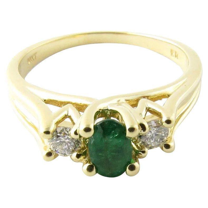 14 Karat Yellow Gold Genuine Emerald and Diamond Ring