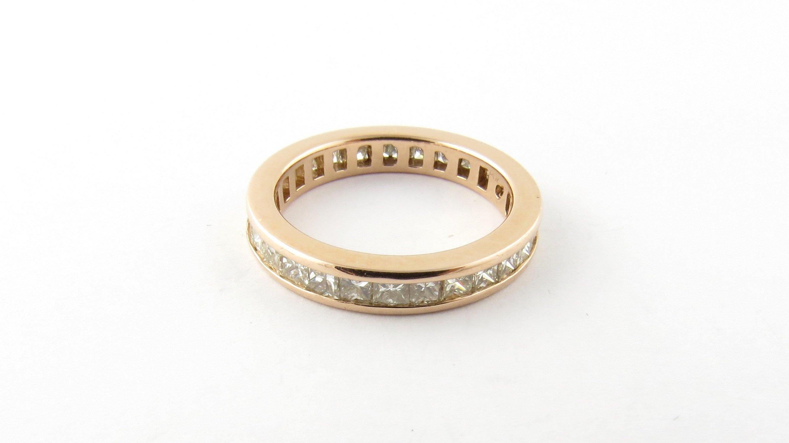 Vintage 14 Karat Yellow Gold Princess Diamond Wedding Band Ring Size 6.25. This sparkling wedding band features 25 princess cut diamonds set in classic 14K yellow gold. 
Approximate total diamond weight: 1.25 cts. Diamond color: H-I. Diamond