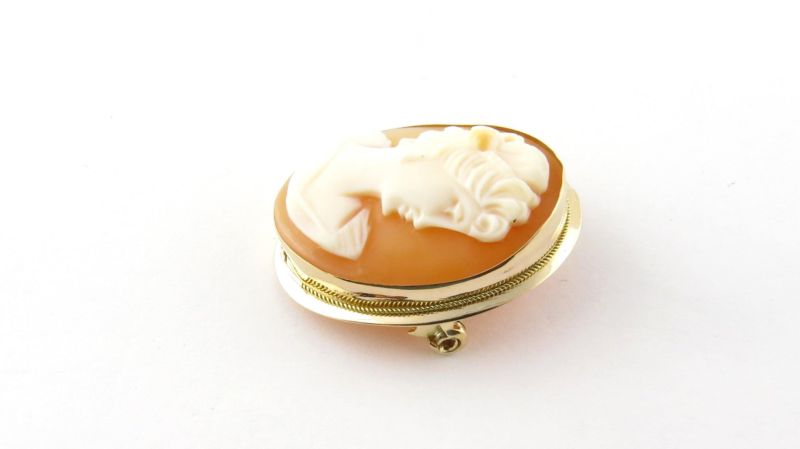 Vintage 18 Karat Yellow Gold Cameo Brooch/Pendant. This elegant cameo features a lovely lady in profile framed in 18K yellow gold. Can be worn as a brooch or a pendant.
Size: 27 mm x 22 mm. Weight: 2.9 dwt. / 4.6 gr. Stamped: 750
Very good