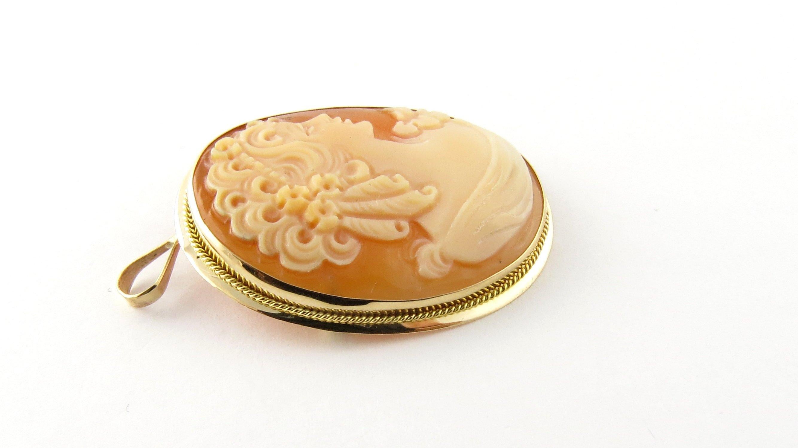 Vintage 14 Karat Yellow Gold Cameo Brooch/Pendant. This lovely cameo features a lovely lady in profile framed in beautifully detailed 14K yellow gold. Can be worn as a brooch or a pendant.
Size: 33 mm x 26 mm Weight: 2.5 dwt. / 4.0 gr. Stamped: 14K