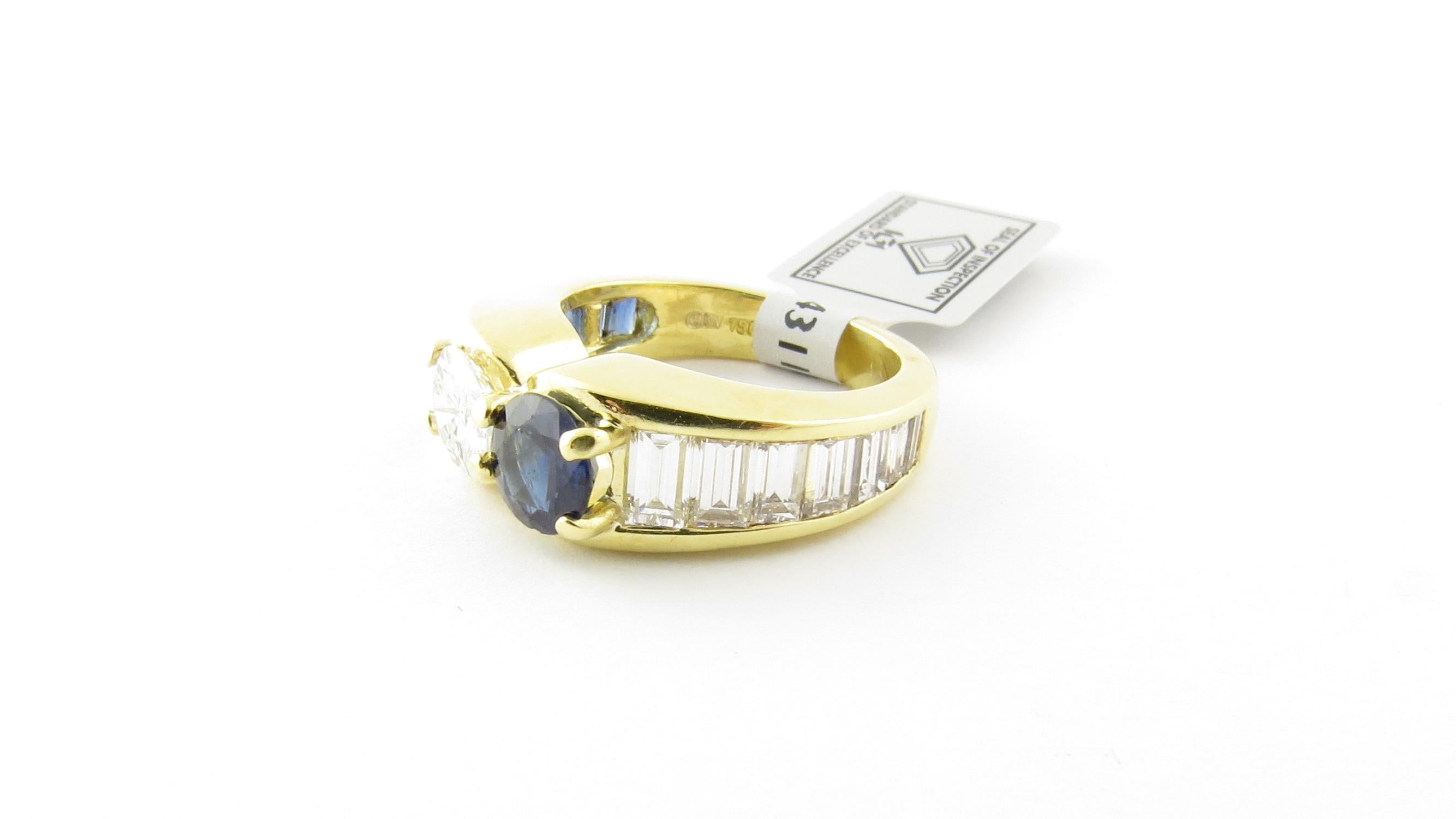 IGI Certified 18K Yellow Gold Diamond Sapphire Ring Band 

This stunning ring is set with diamonds and natural sapphires

Size 4.5

One round brilliant diamond at .55 carats SI clarity, F-G color
Seven straight baguette cut diamonds at .10 carats