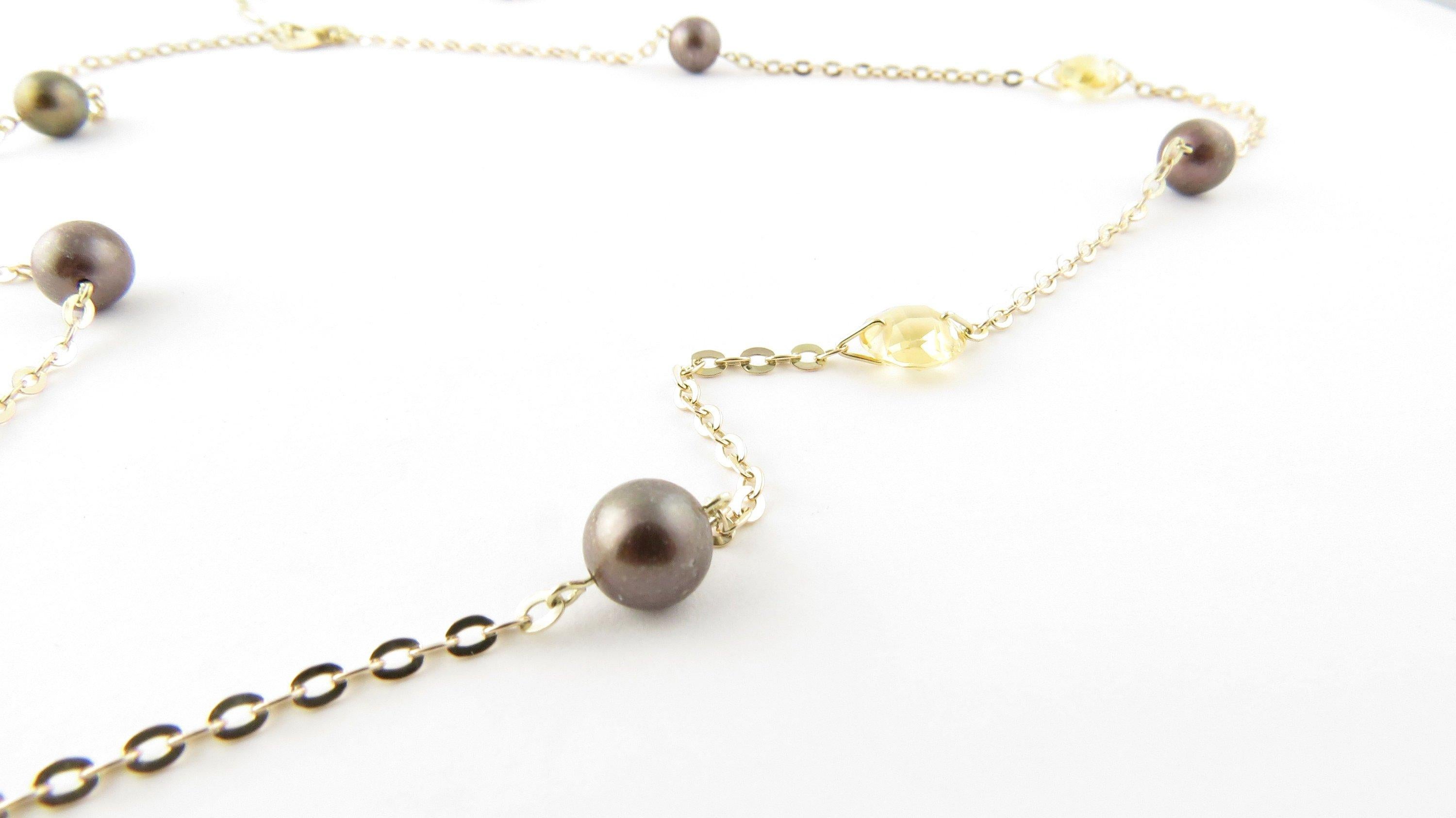 Round Cut 14 Karat Yellow Gold Grey Pearl and Citrine Necklace For Sale