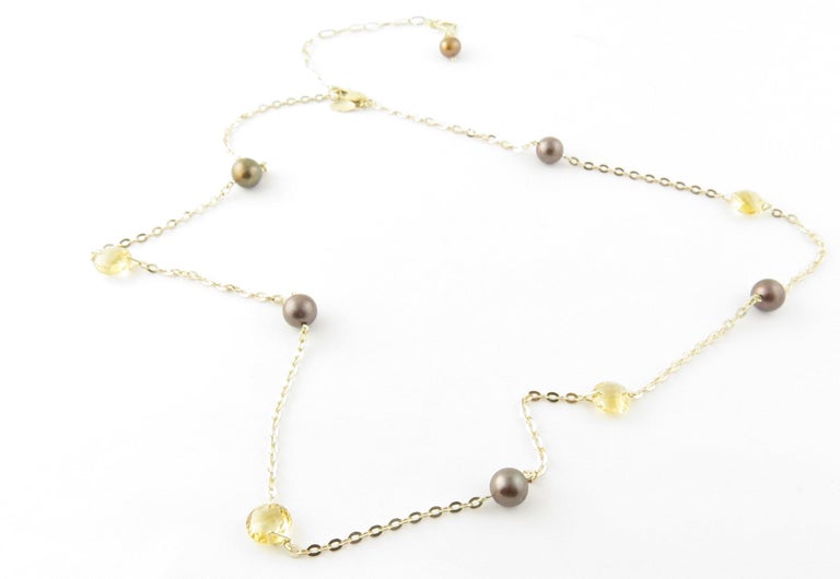 14 Karat Yellow Gold Grey Pearl and Citrine Necklace For Sale at 1stDibs