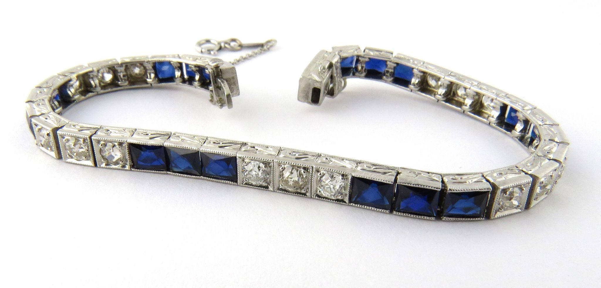 Round Cut Art Deco Platinum Diamond and Sapphire Bracelet