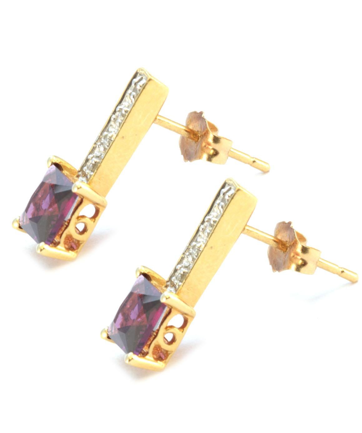 Solid 14 Karat Yellow Gold Genuine Garnet and Natural Diamond Earrings 1.9g 1