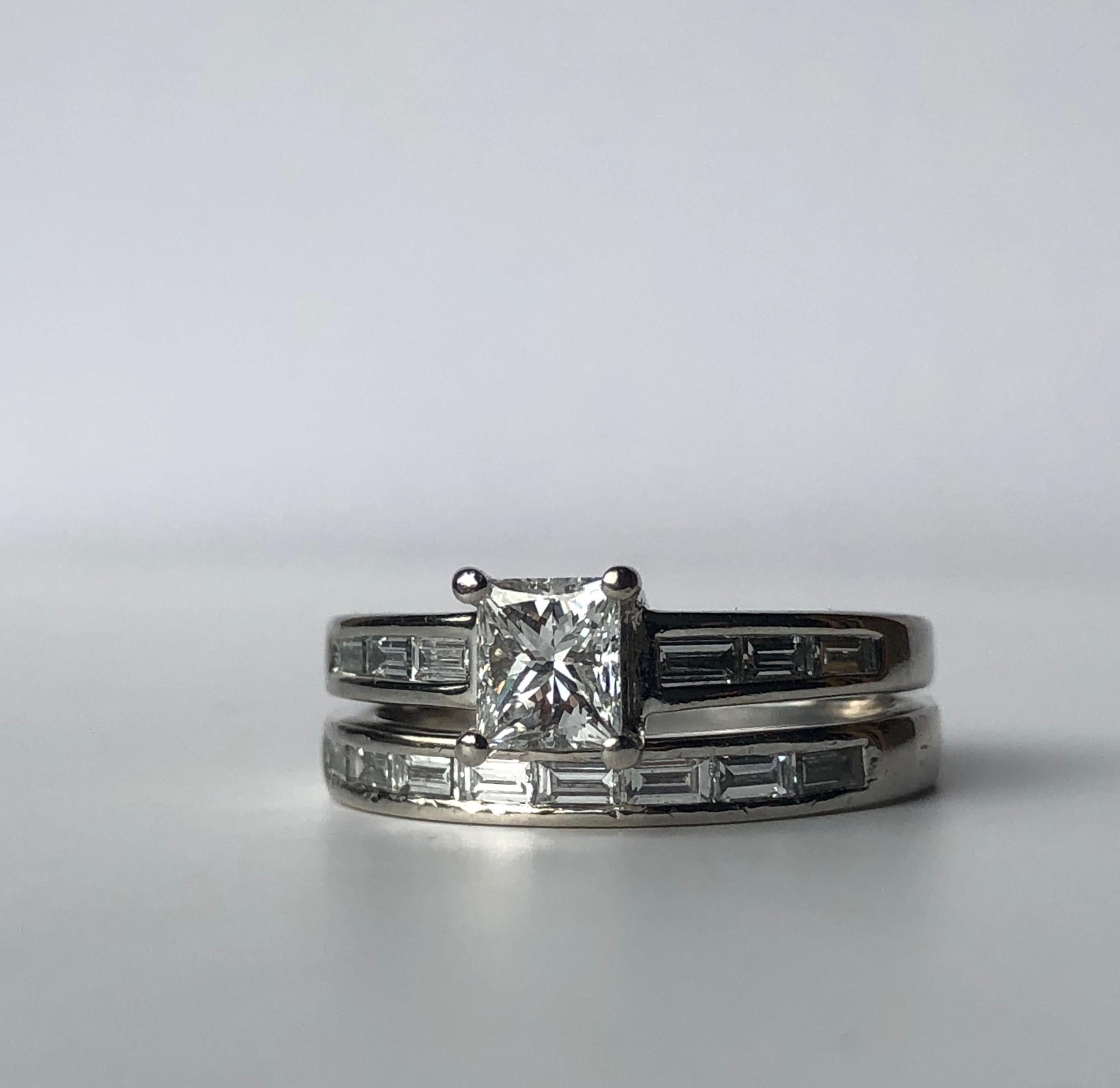 Modern Platinum Princess Cut White Diamond Wedding Set Engagement Ring and Band .85ct