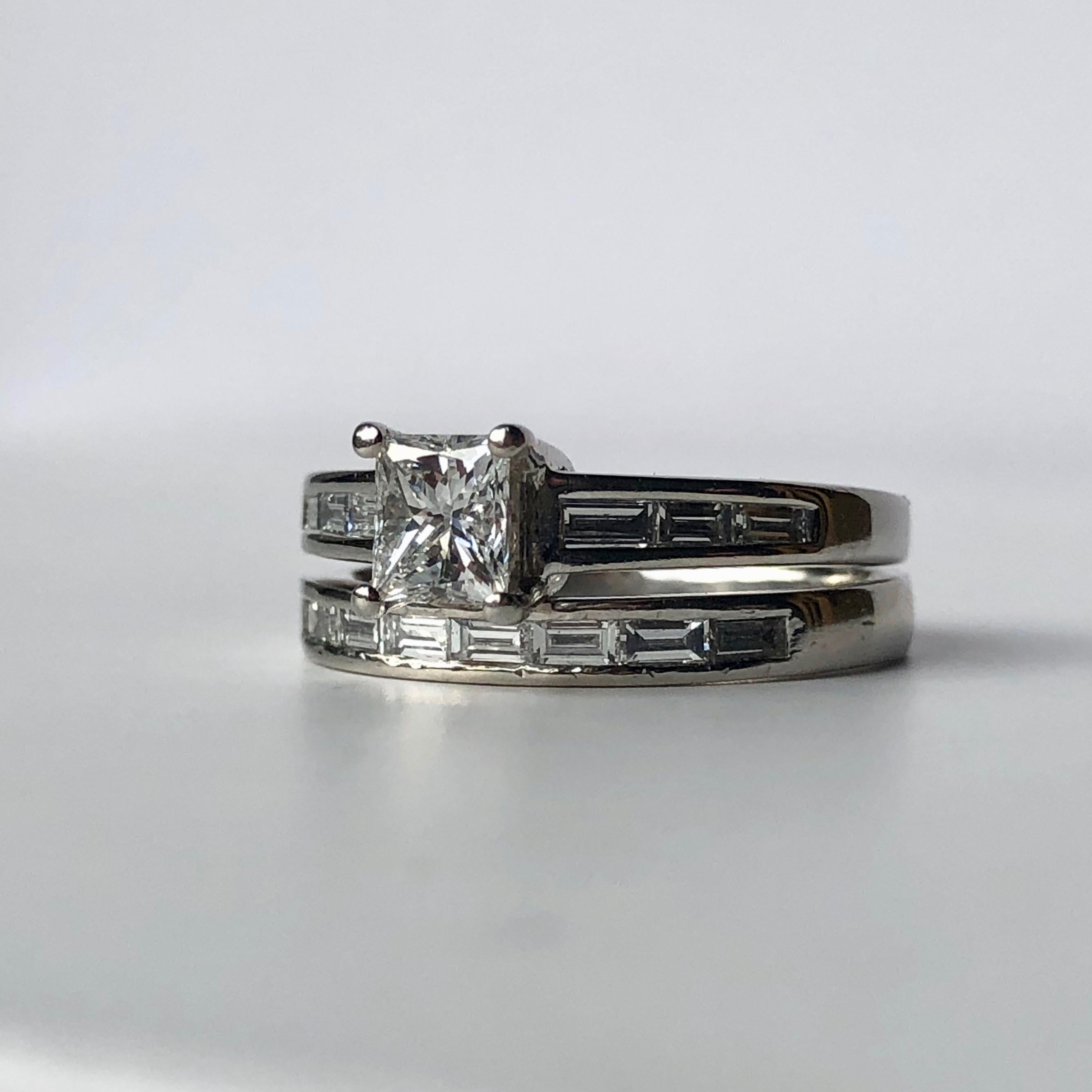 Platinum Princess Cut White Diamond Wedding Set Engagement Ring and Band .85ct In Good Condition In London, GB