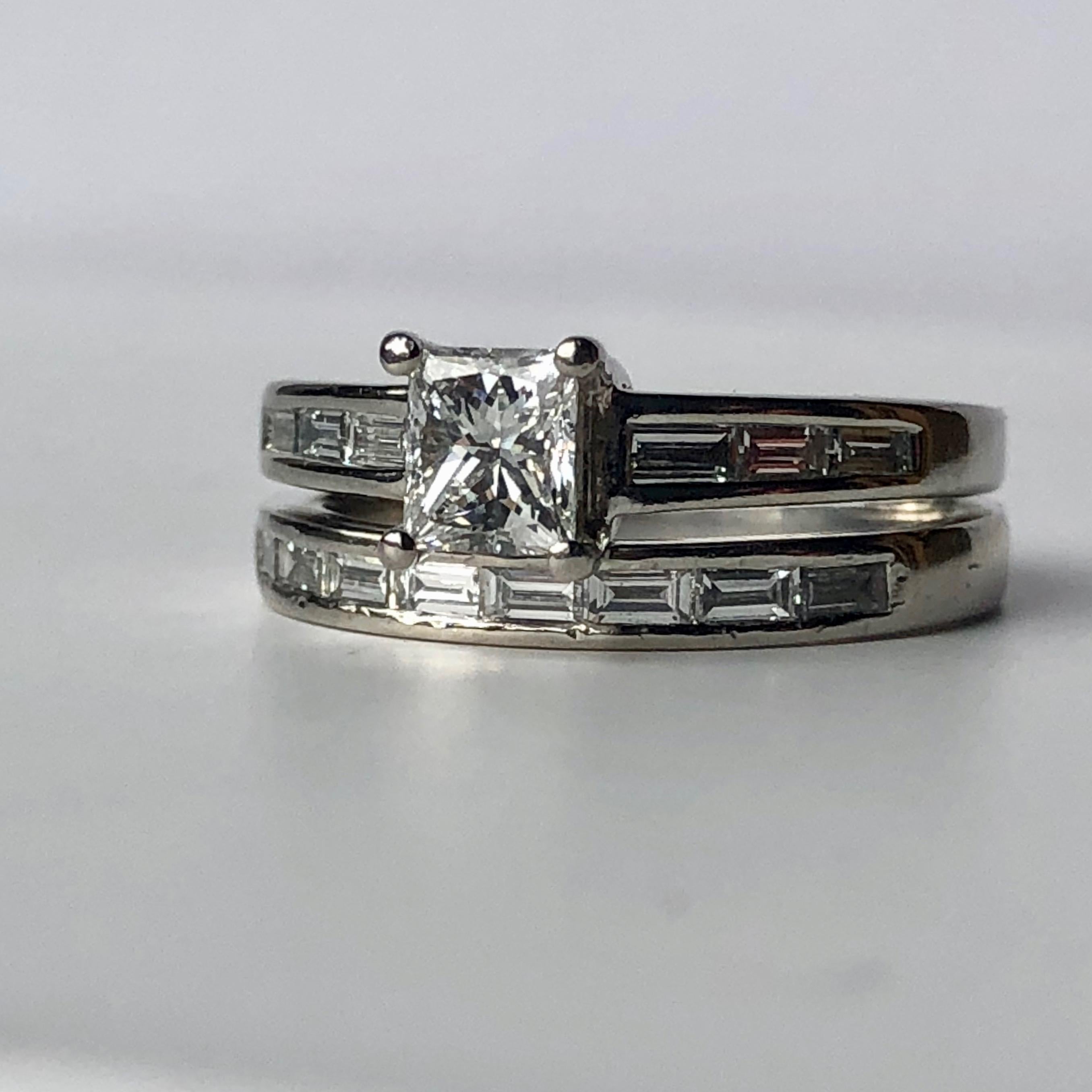 Women's or Men's Platinum Princess Cut White Diamond Wedding Set Engagement Ring and Band .85ct