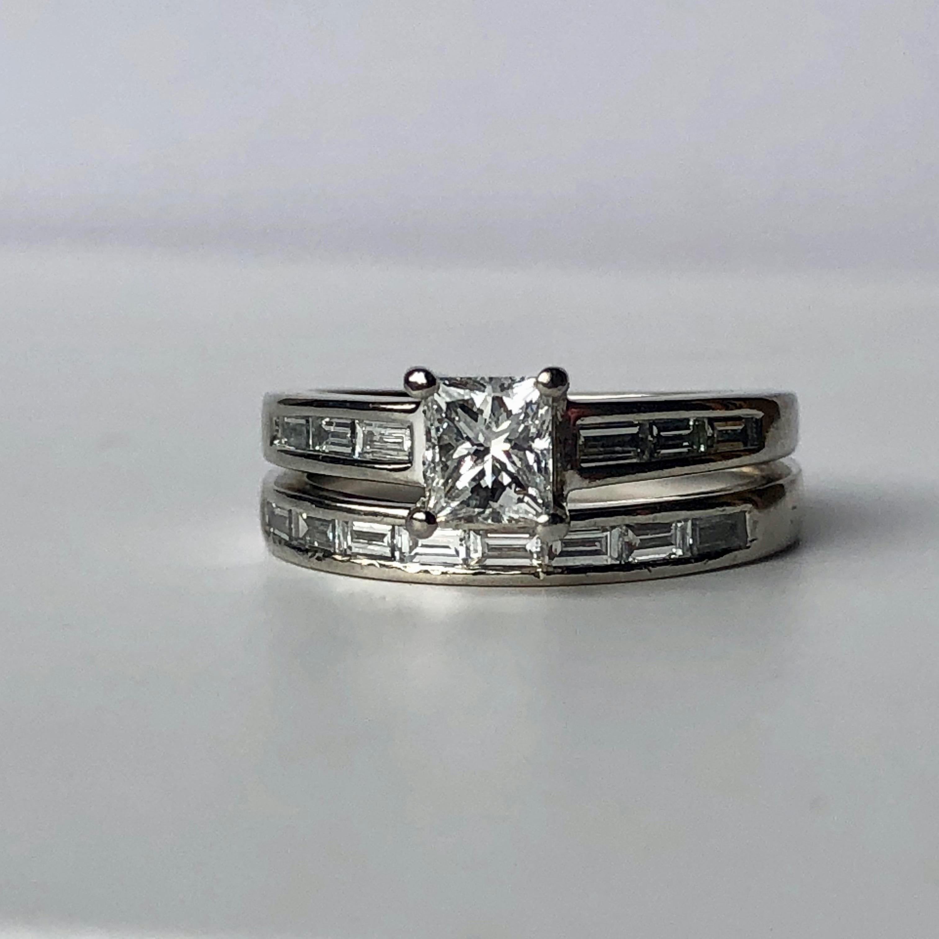 Platinum Princess Cut White Diamond Wedding Set Engagement Ring and Band .85ct 1