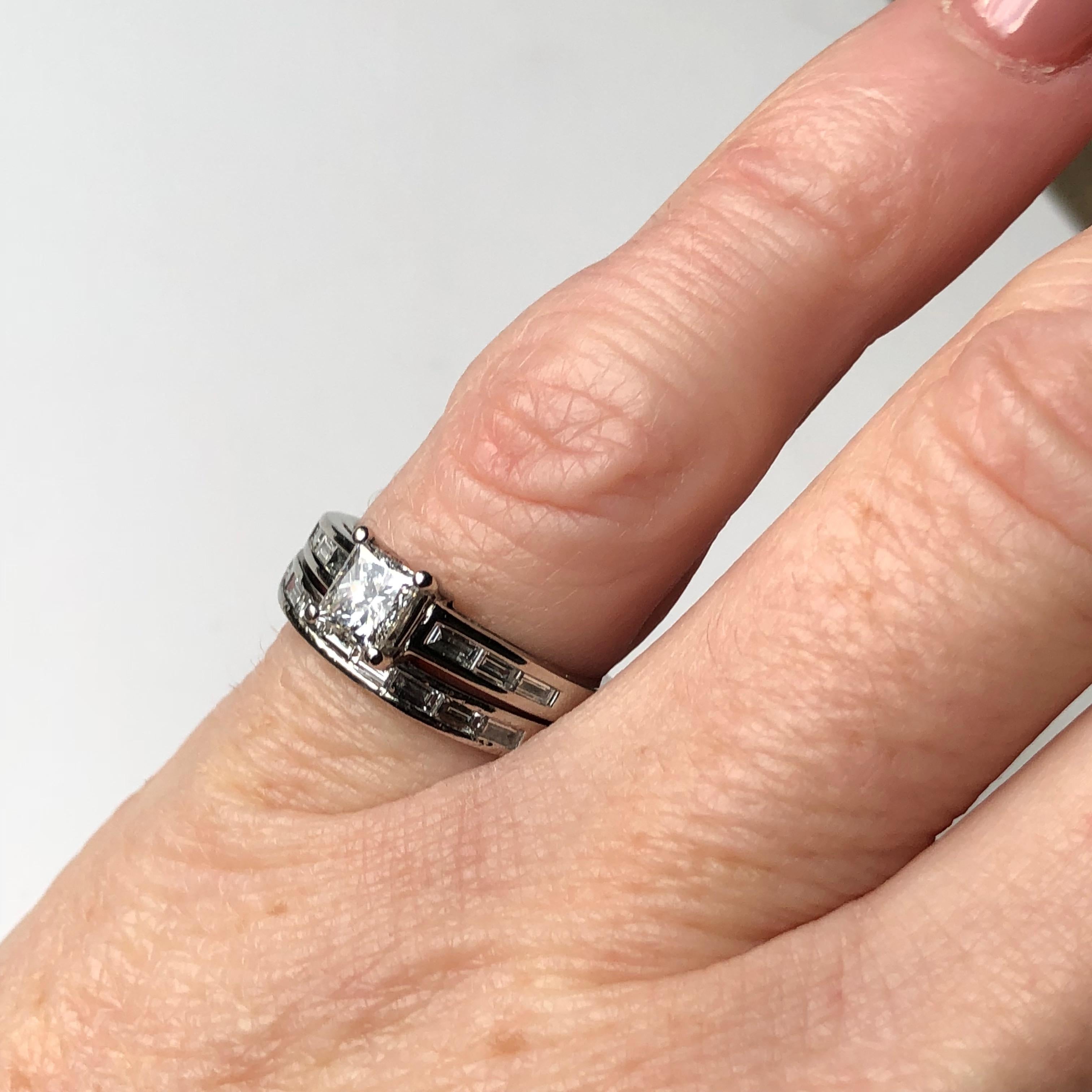 Platinum Princess Cut White Diamond Wedding Set Engagement Ring and Band .85ct 4