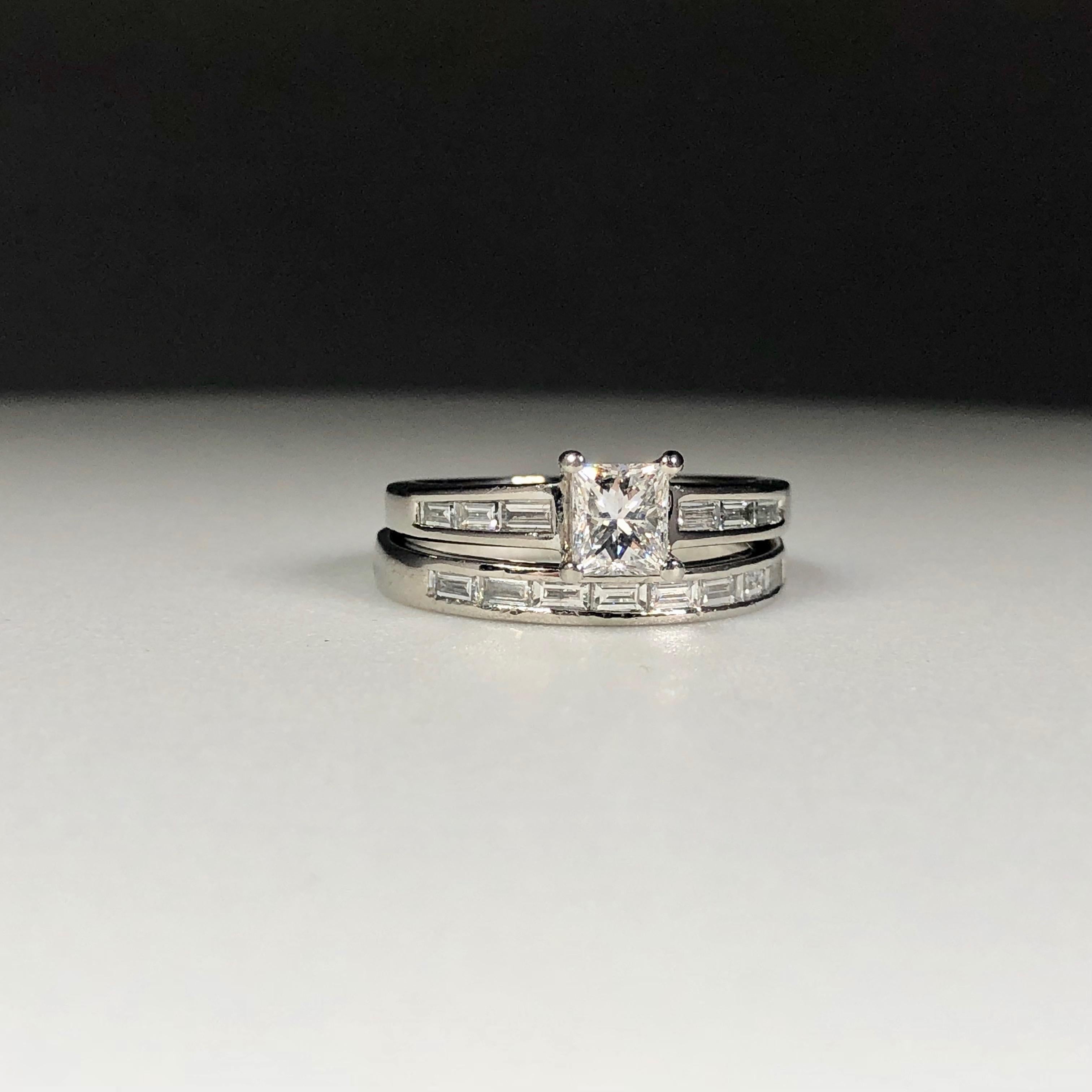 Platinum Princess Cut White Diamond Wedding Set Engagement Ring and Band .85ct 5