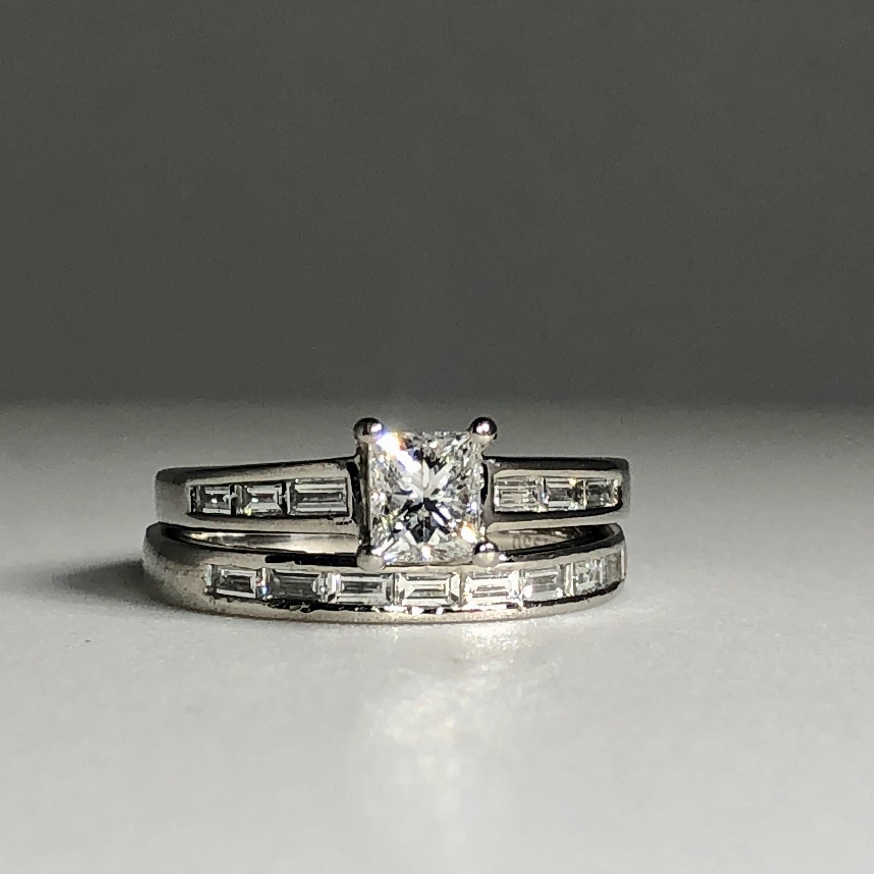 Platinum Princess Cut White Diamond Wedding Set Engagement Ring and Band .85ct 6