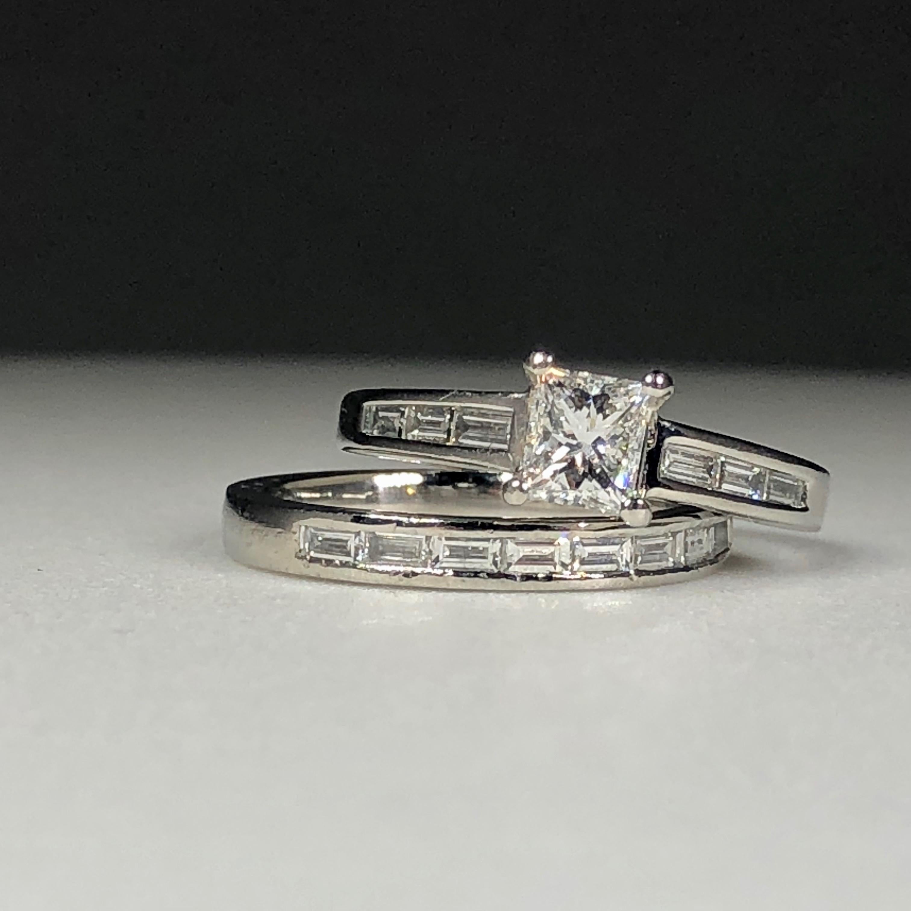 Platinum Princess Cut White Diamond Wedding Set Engagement Ring and Band .85ct 7