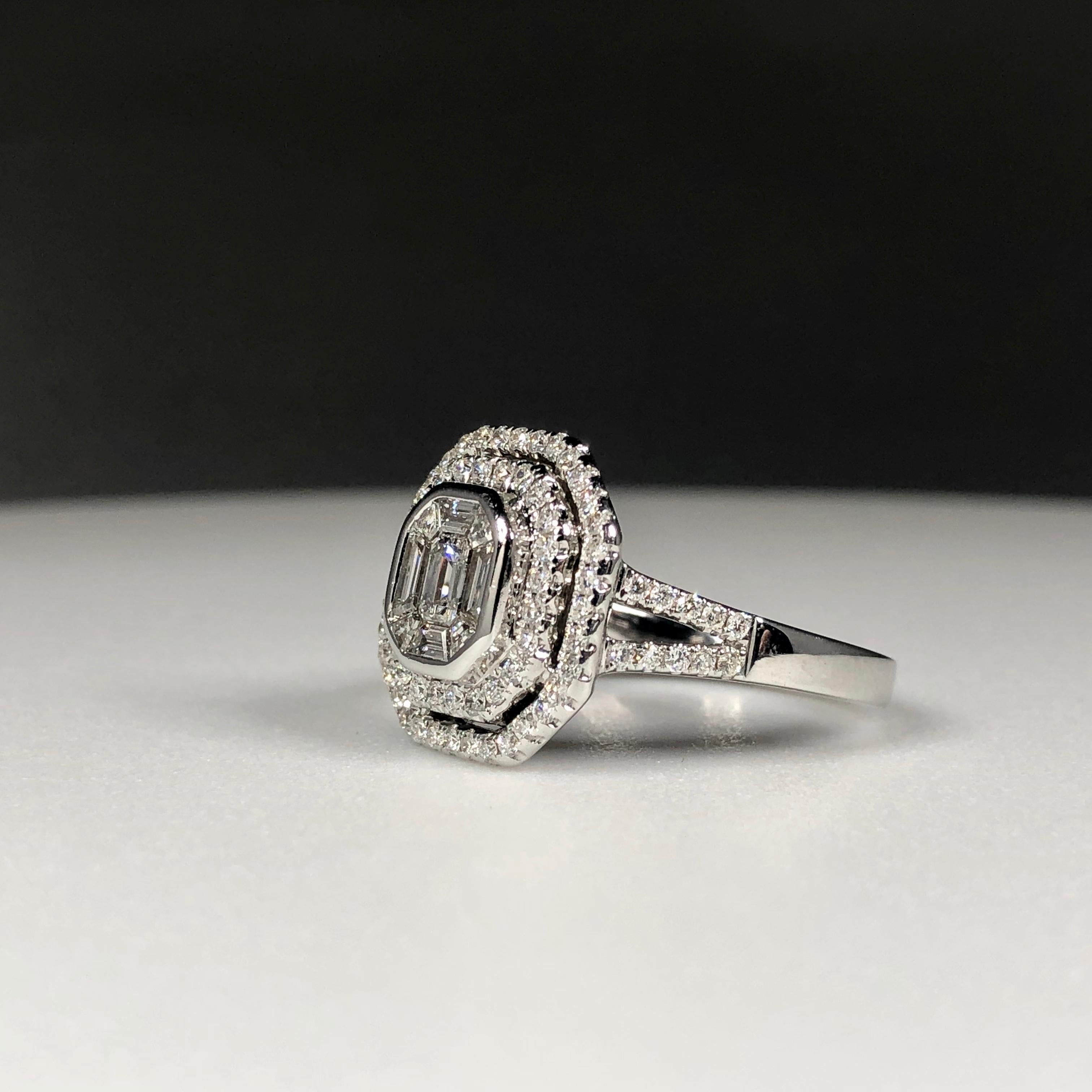 Modern White Diamond Cluster Ring Round Brilliant Cut Halo & Baguette Cut 1.50ct 18k