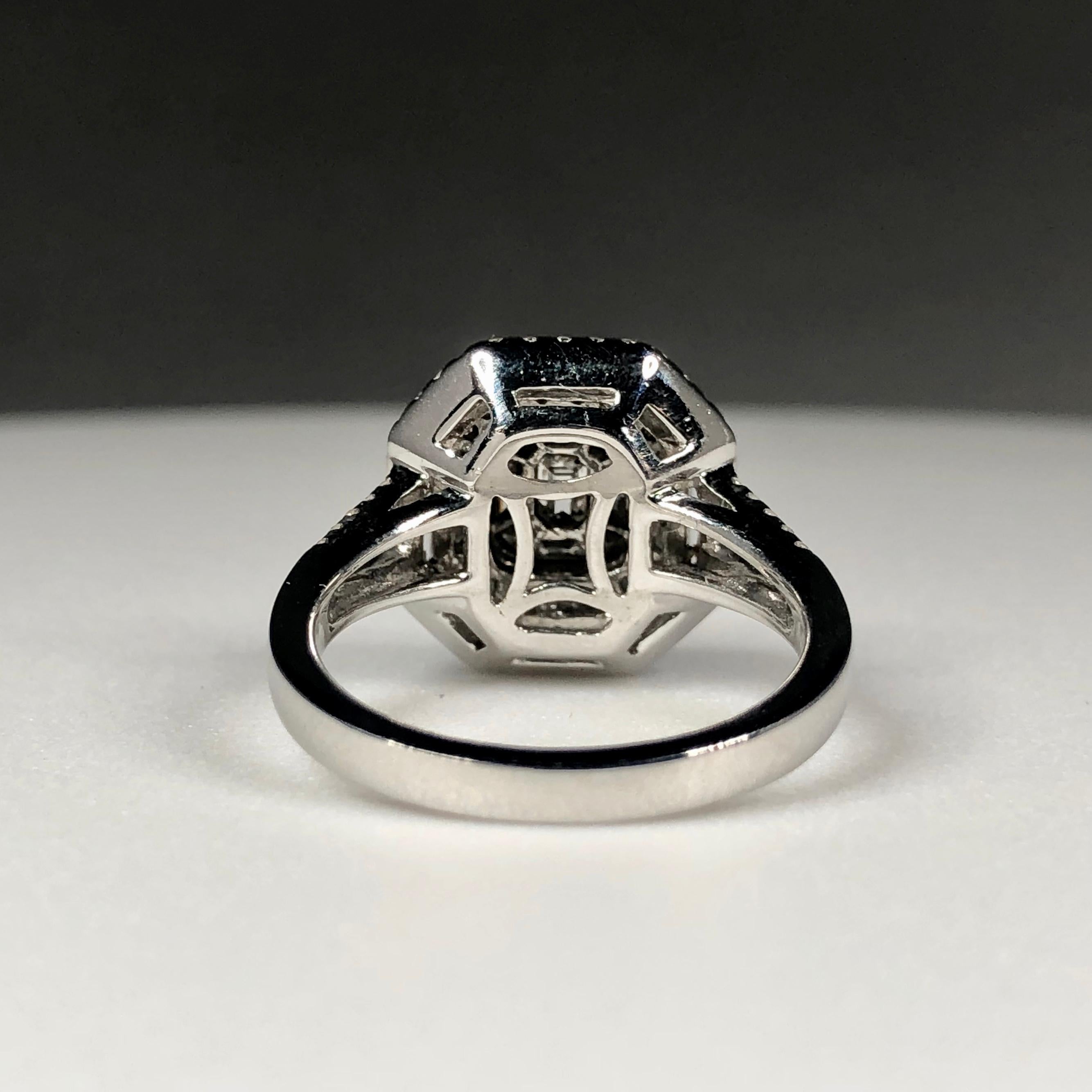 Emerald Cut White Diamond Cluster Ring Round Brilliant Cut Halo & Baguette Cut 1.50ct 18k