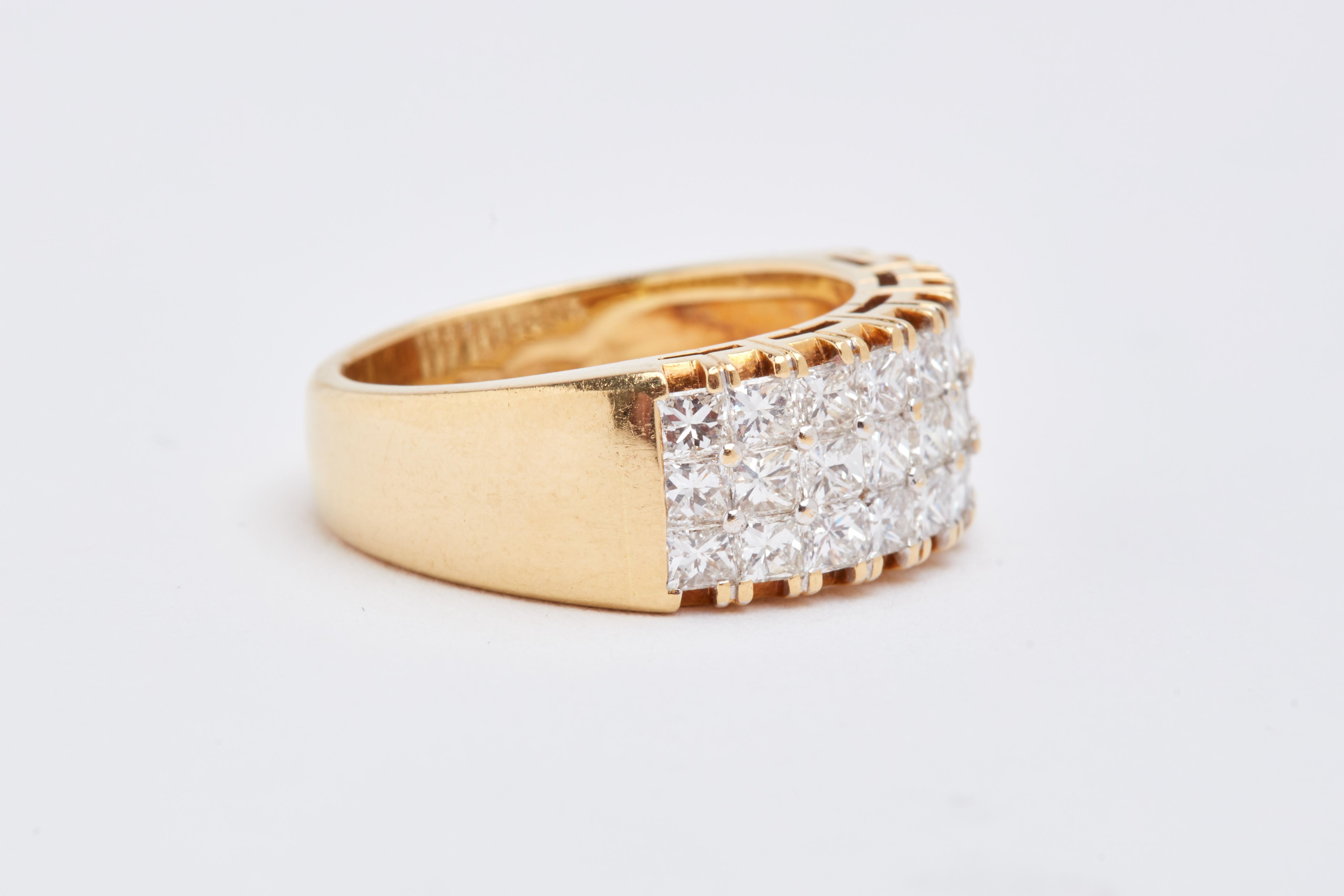 Women's or Men's 18 Karat Yellow Gold 3-Row Diamond Ring