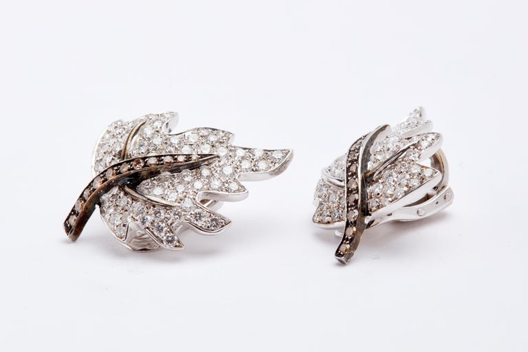 18 Karat White Gold Leaf Earring with White and Brown Diamonds at 1stDibs