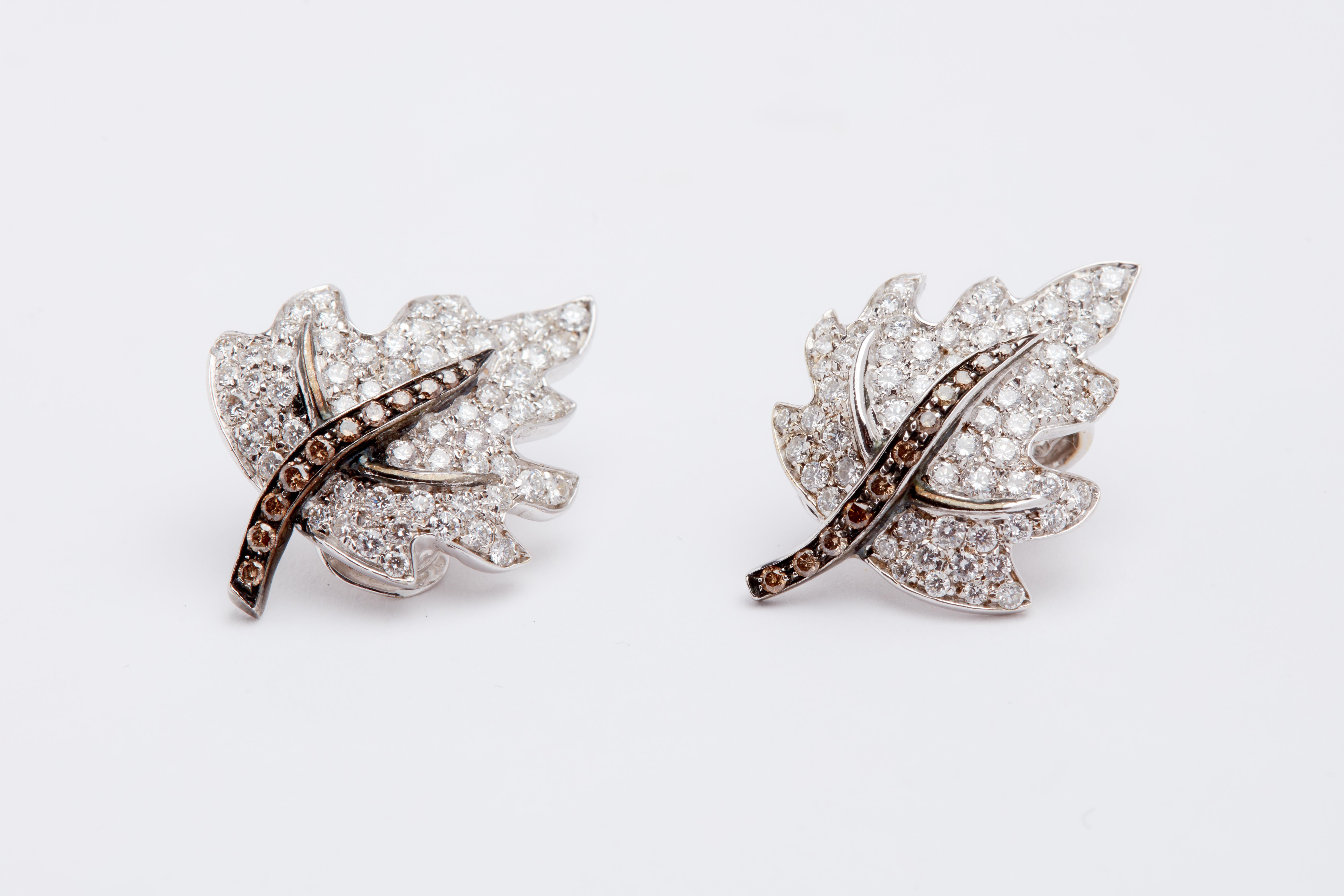 Round Cut 18 Karat White Gold Leaf Earring with White and Brown Diamonds