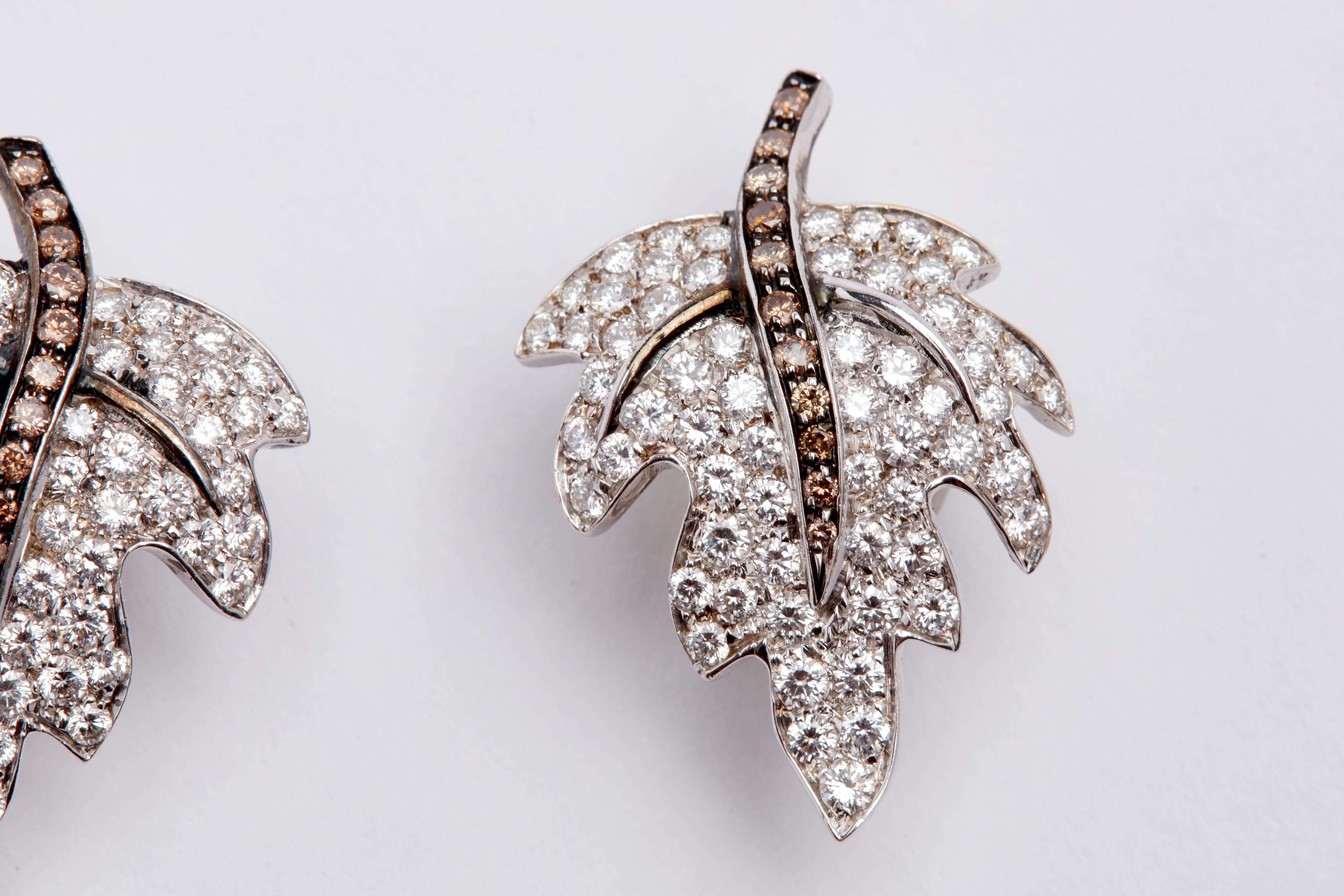 Women's or Men's 18 Karat White Gold Leaf Earring with White and Brown Diamonds