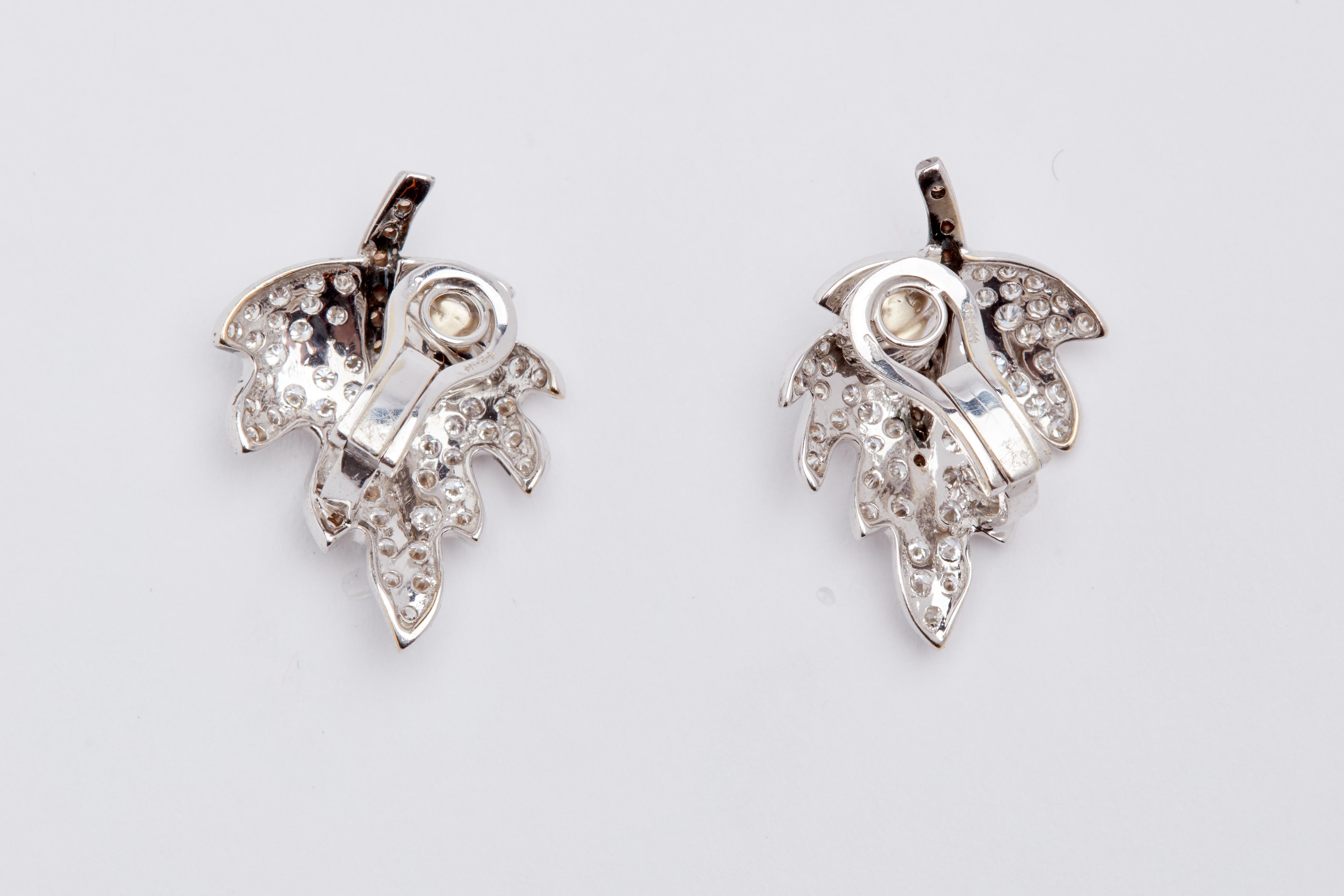 18 Karat White Gold Leaf Earring with White and Brown Diamonds 1