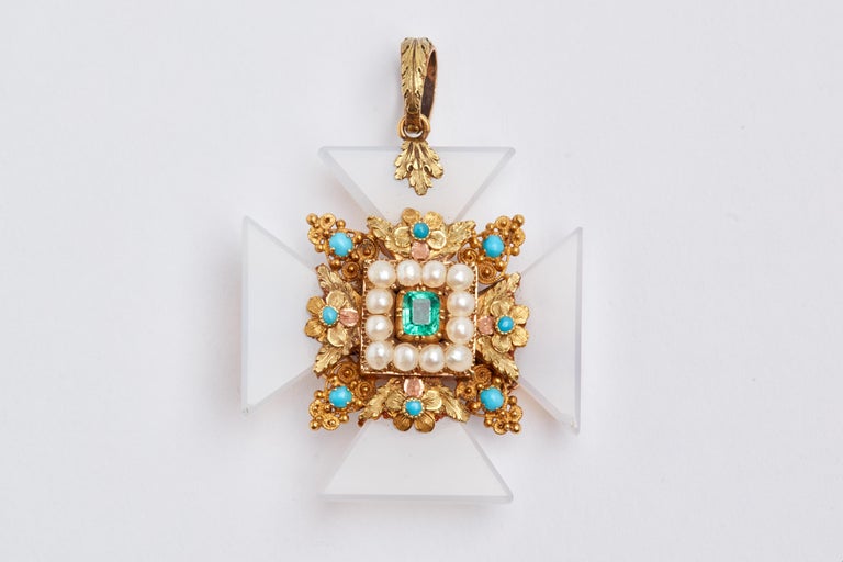 Double Sided Antique Maltese Cross Pendant Brooch With Mixed Gems 18k Yellow Gold Double Sided Antique Maltese Cross Pendant With Mixed Gem Stones And Diamonds