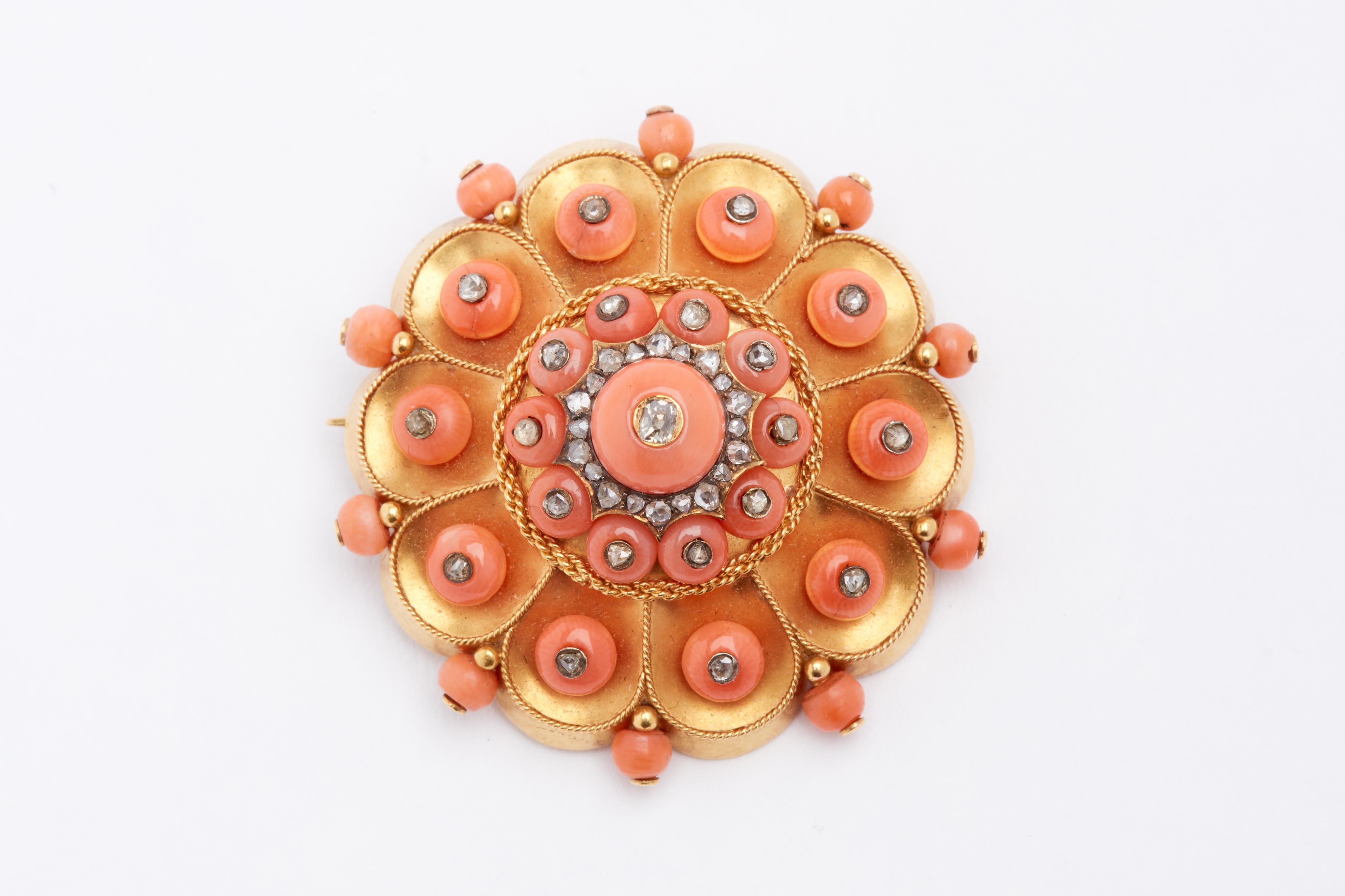 Old European Cut Early 1900s Gold, Coral and Diamond Brooch