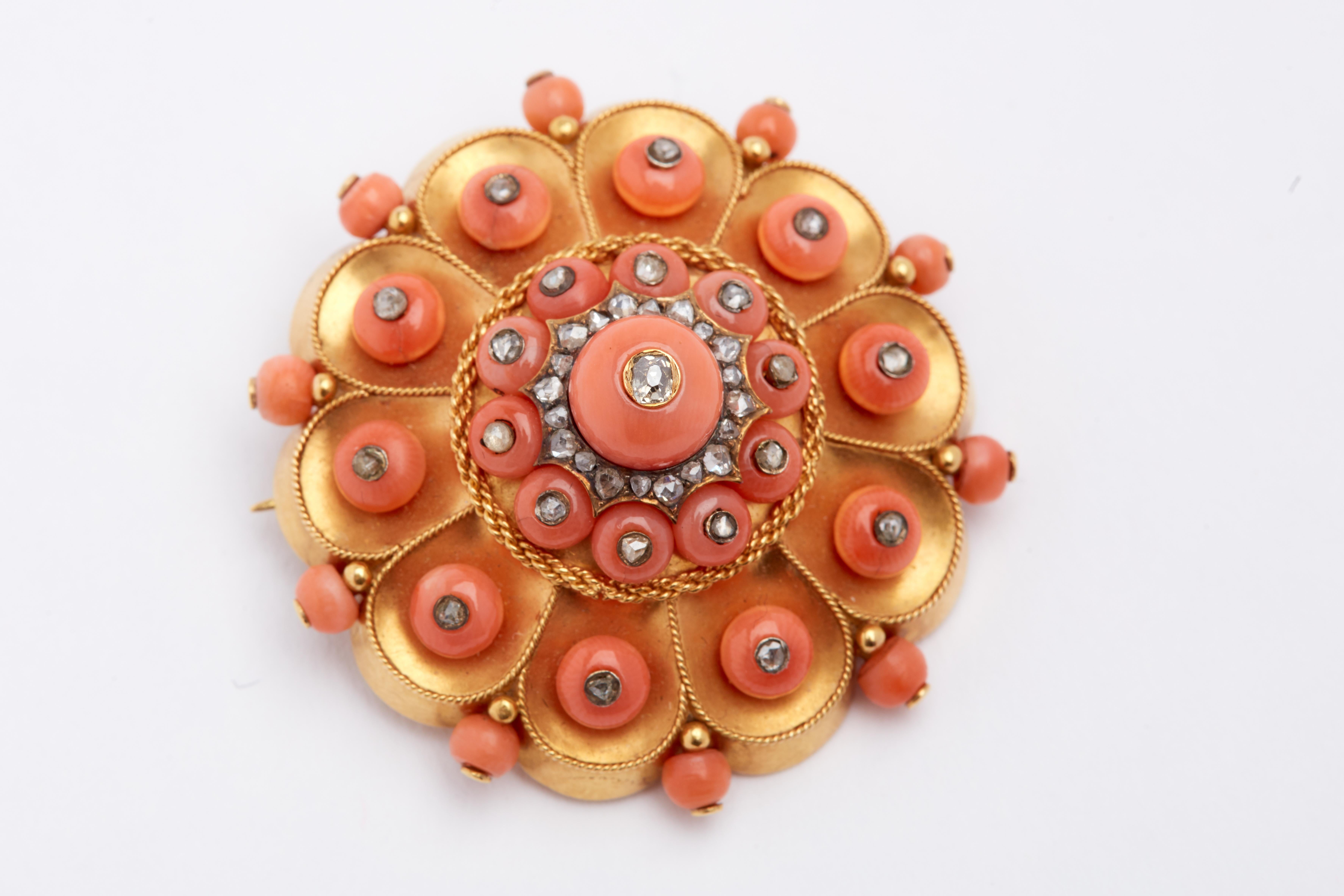 Women's Early 1900s Gold, Coral and Diamond Brooch