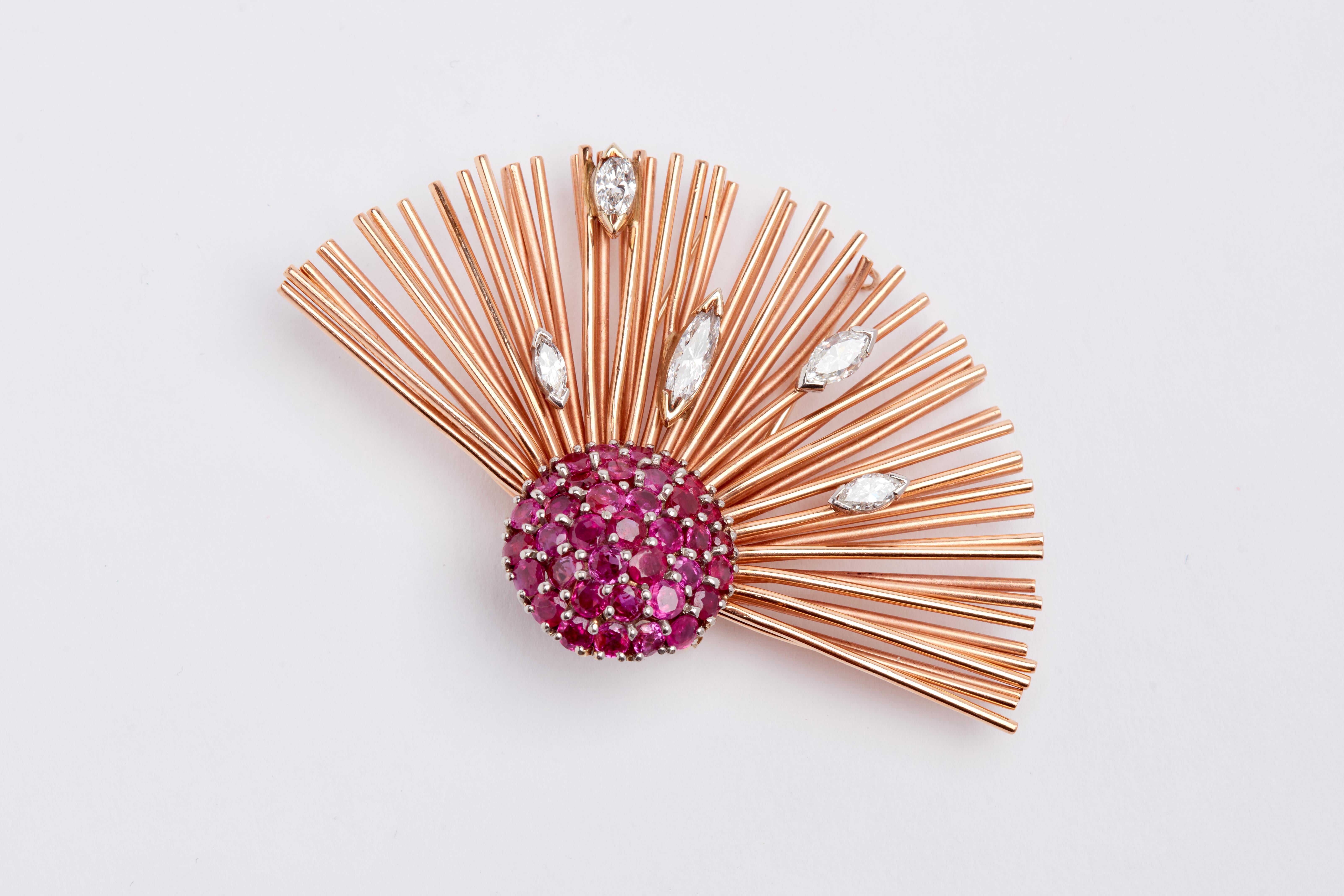 Retro Rose Gold Ruby and Diamond Brooch