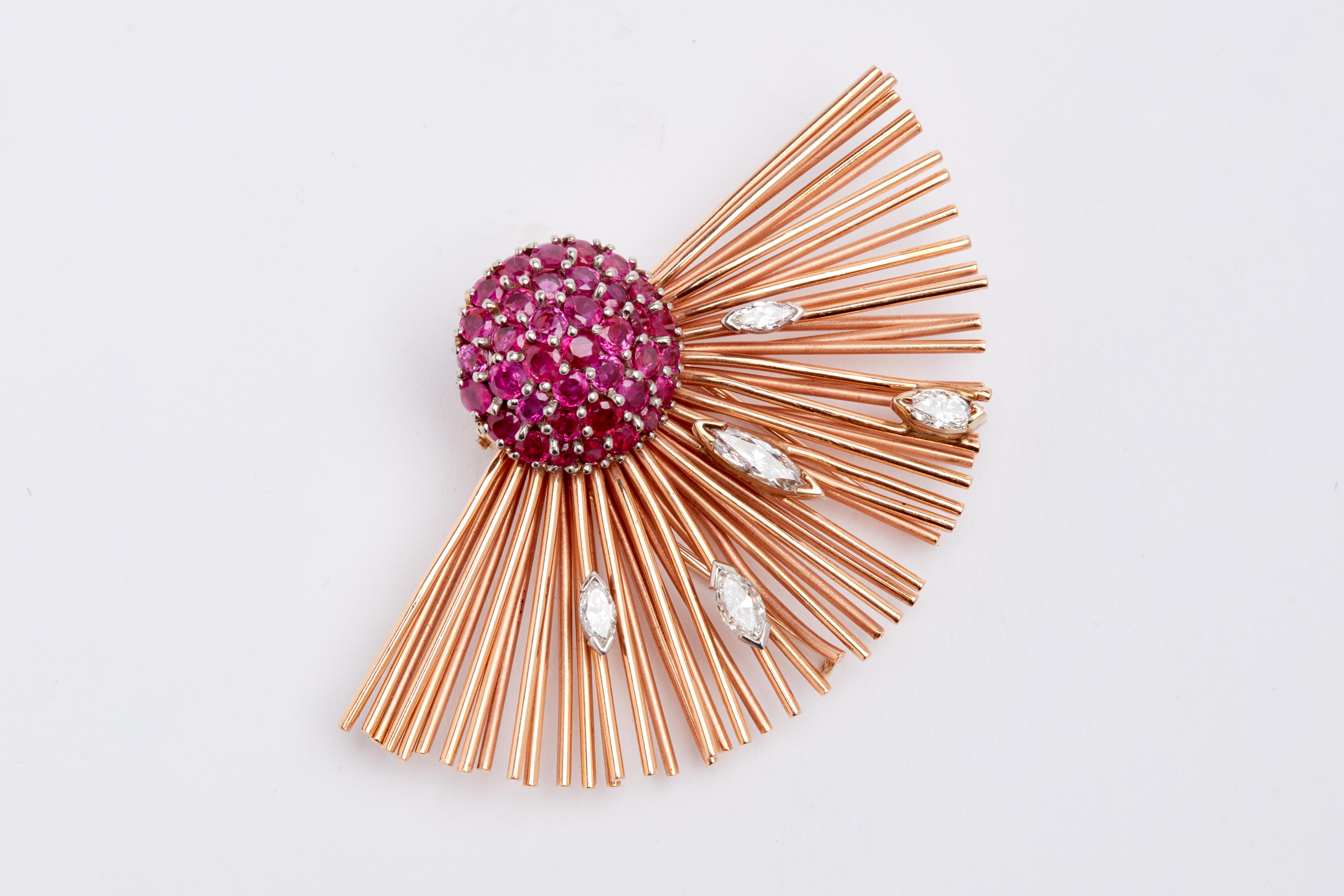 Rose Gold Ruby and Diamond Brooch In Good Condition In New York, NY