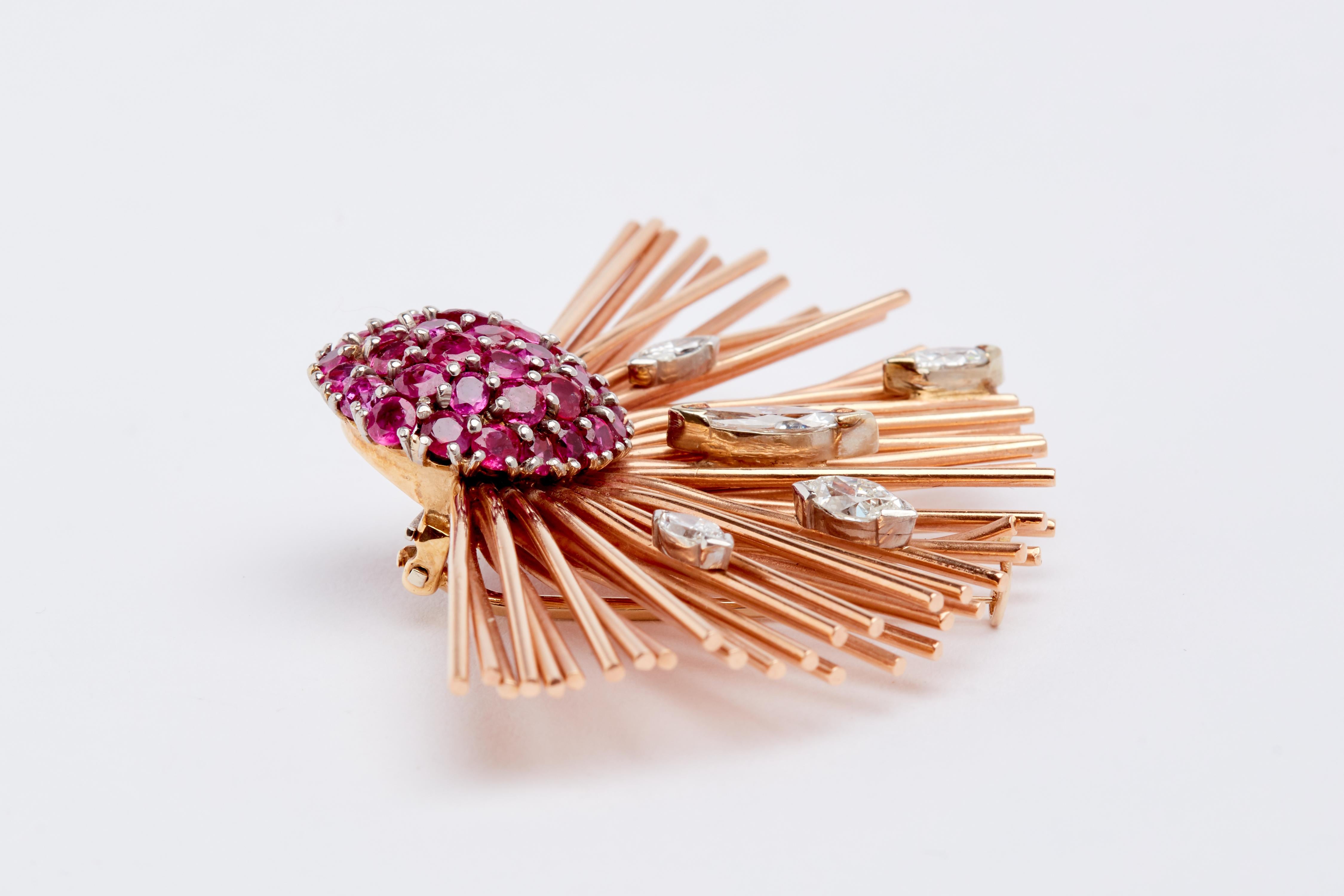 Rose Gold Ruby and Diamond Brooch 2