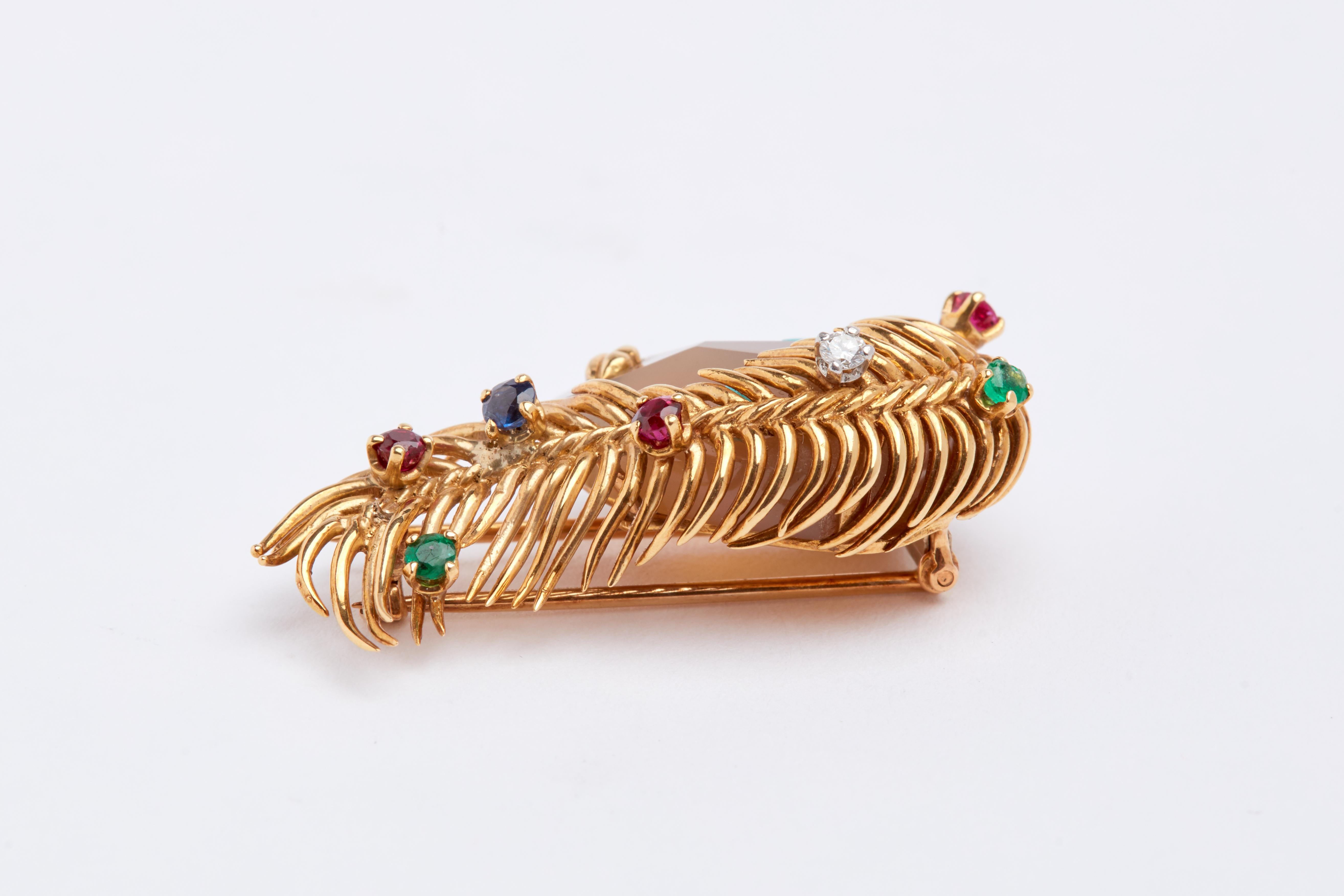 Women's or Men's Ladies Face 18 Karat YG Ruby, Sapphire and Emerald Hardstone Turquoise Brooch