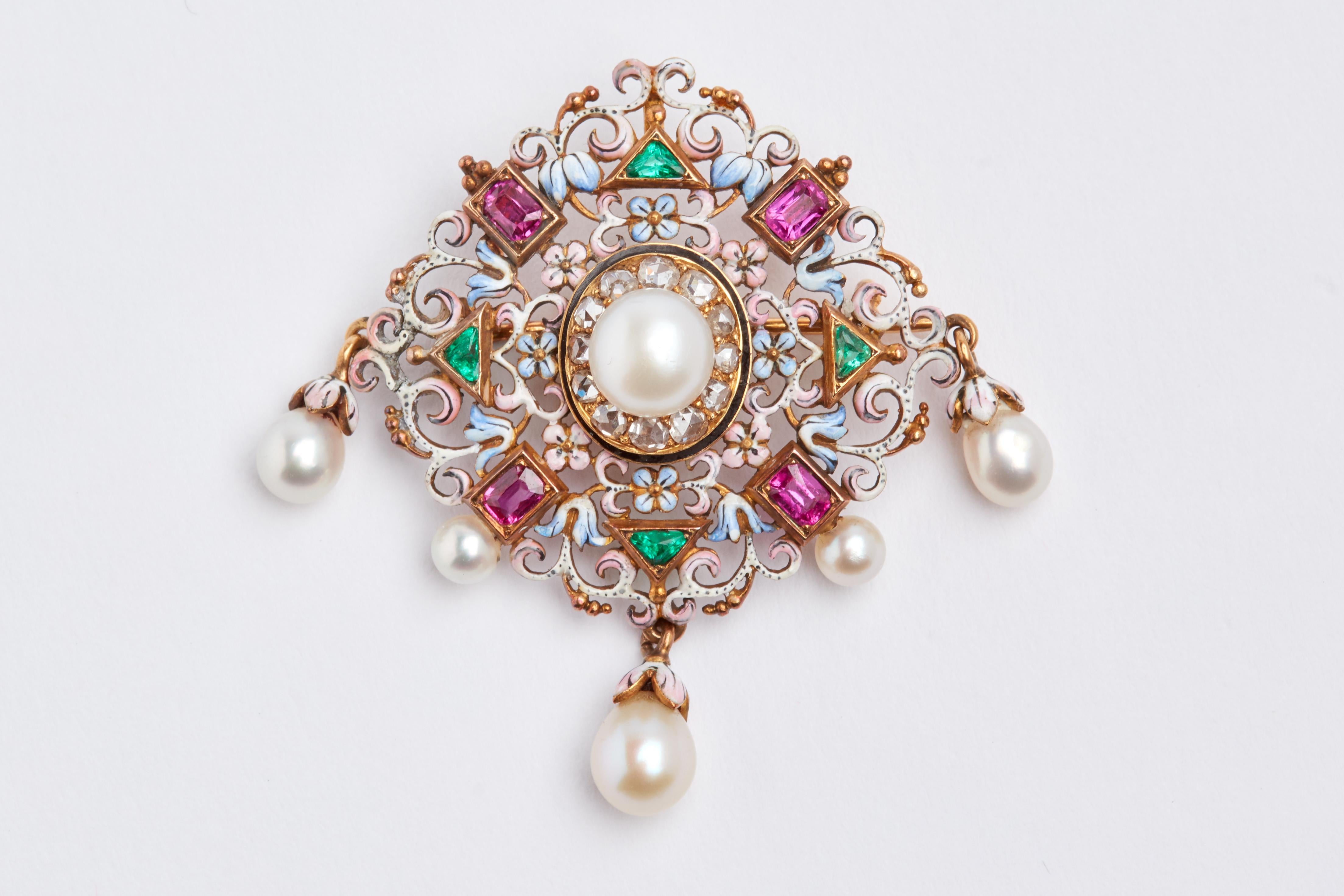 Women's or Men's Natural Pearl, Ruby, Emerald and Enamel Pendant/Brooch