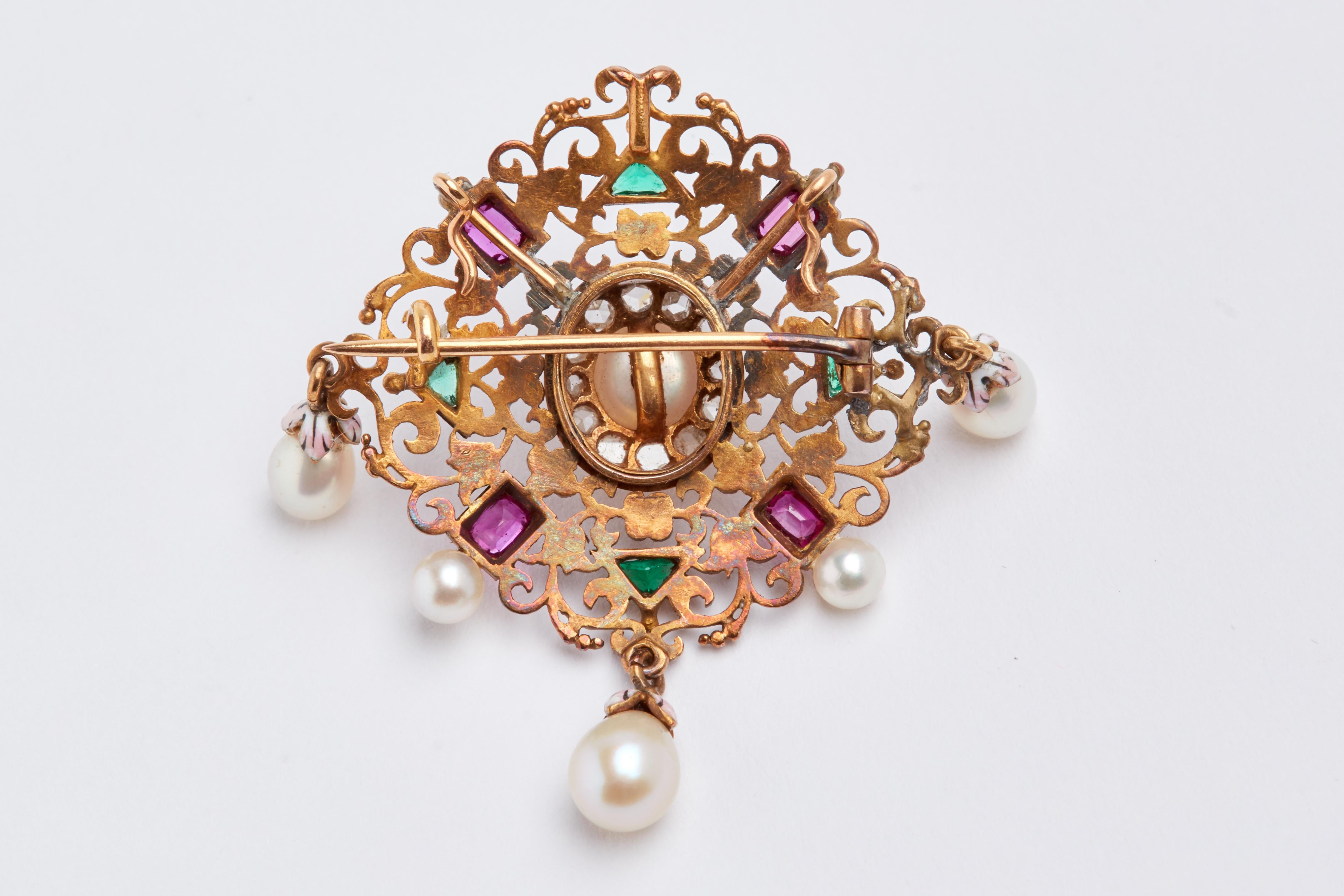 Natural Pearl, Ruby, Emerald and Enamel Pendant/Brooch 2
