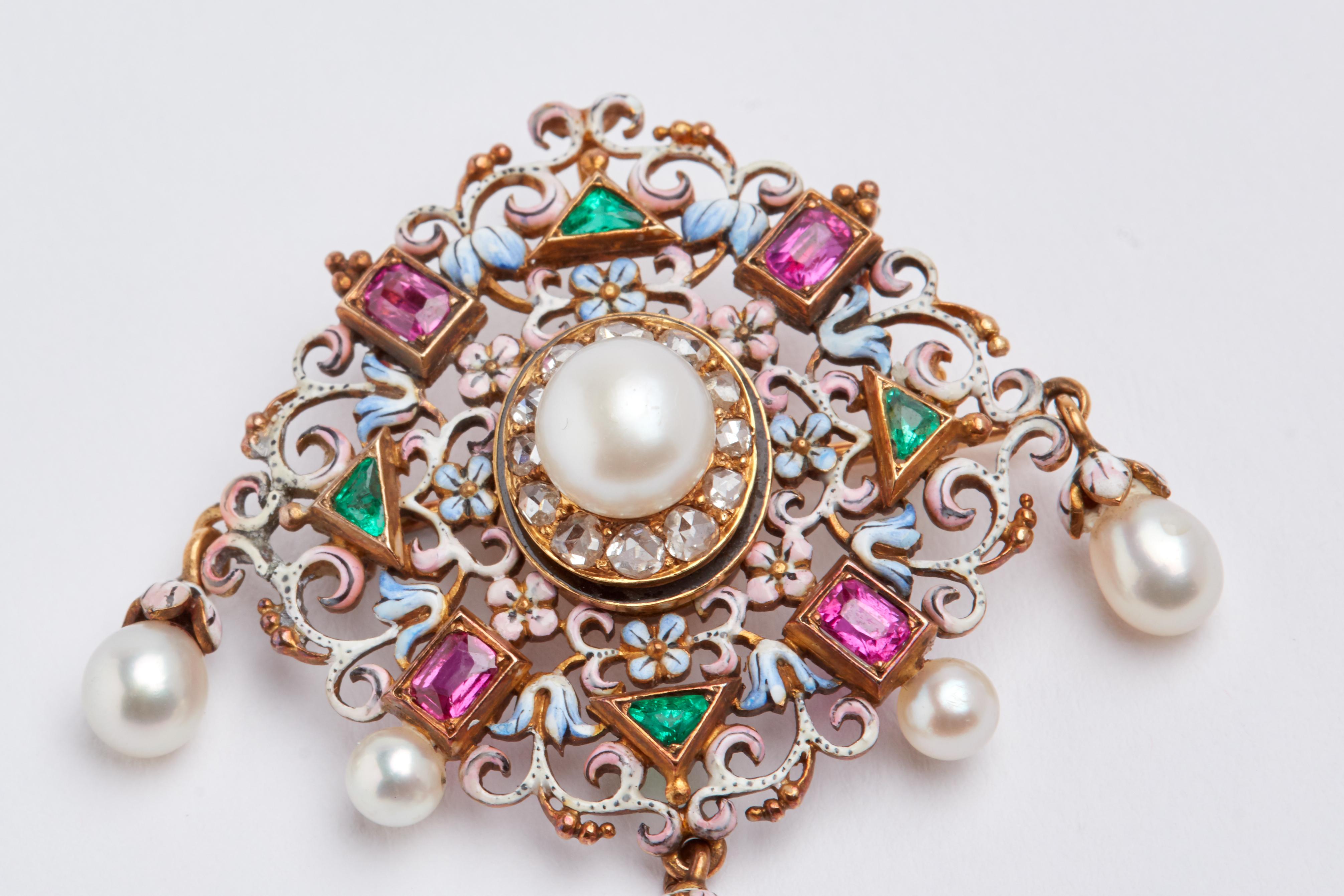 Natural Pearl, Ruby, Emerald and Enamel Pendant/Brooch 1