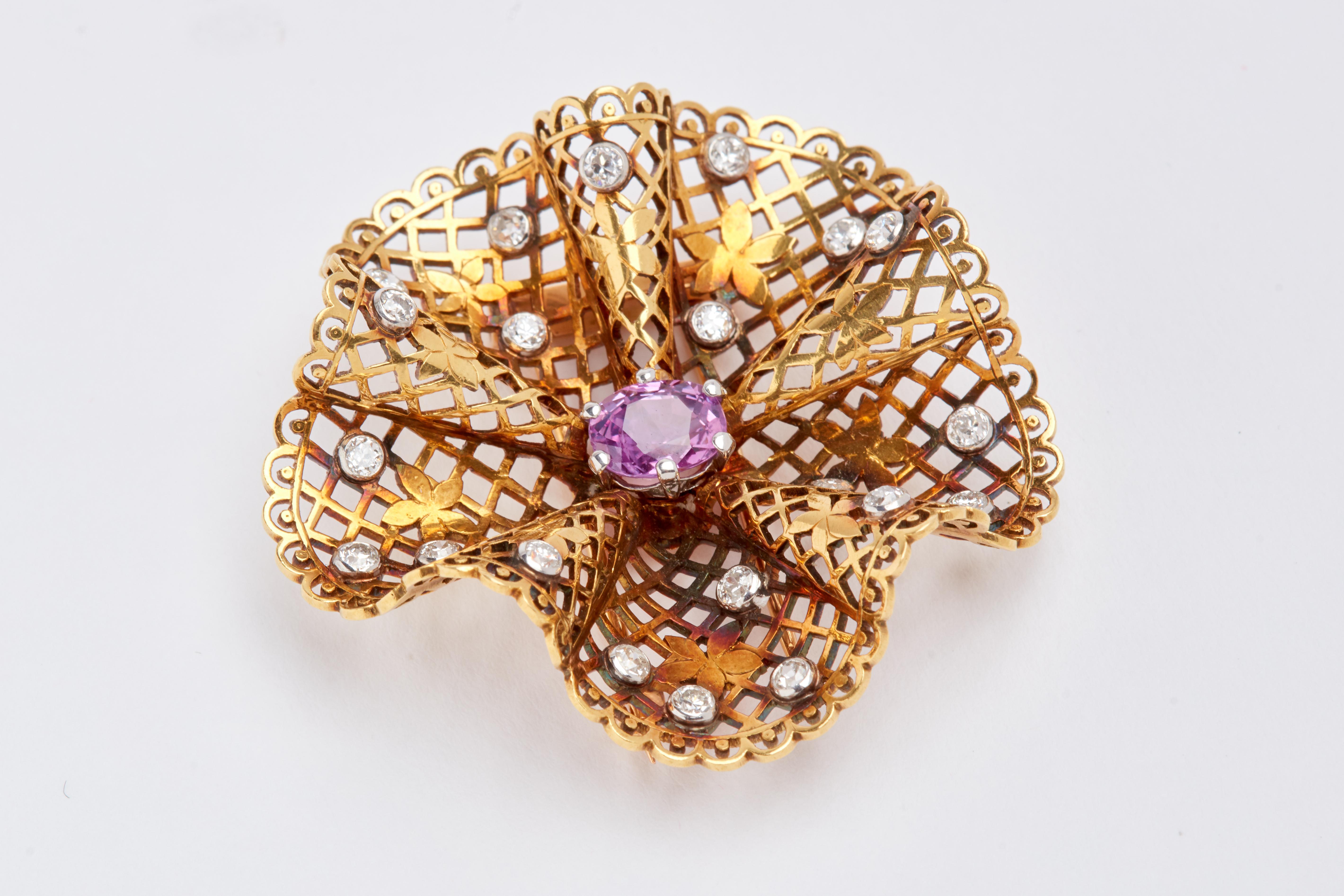 Women's Gold Filligree Brooch with Pink Sapphire and Diamonds