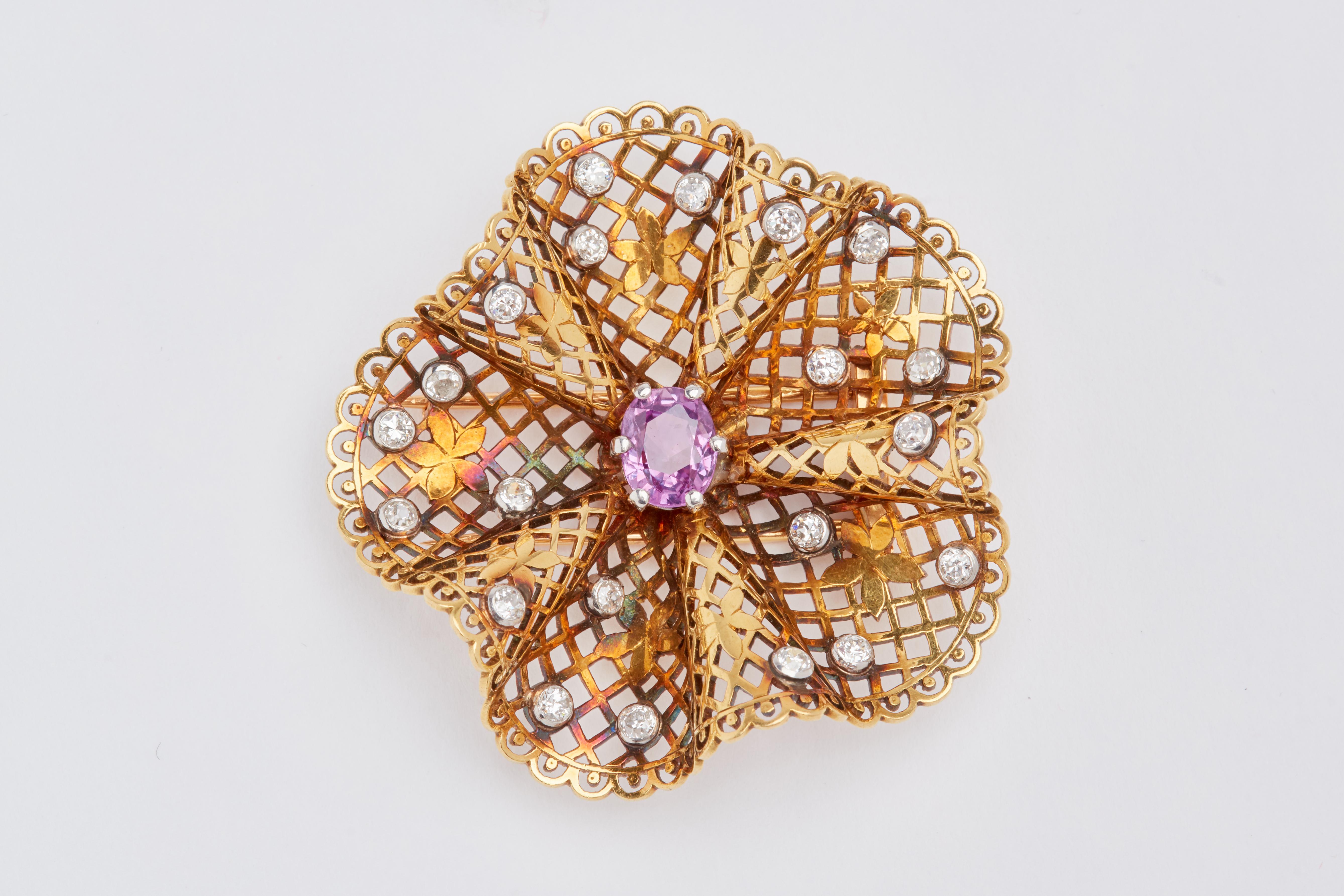 Gold Filligree Brooch with Pink Sapphire and Diamonds 1