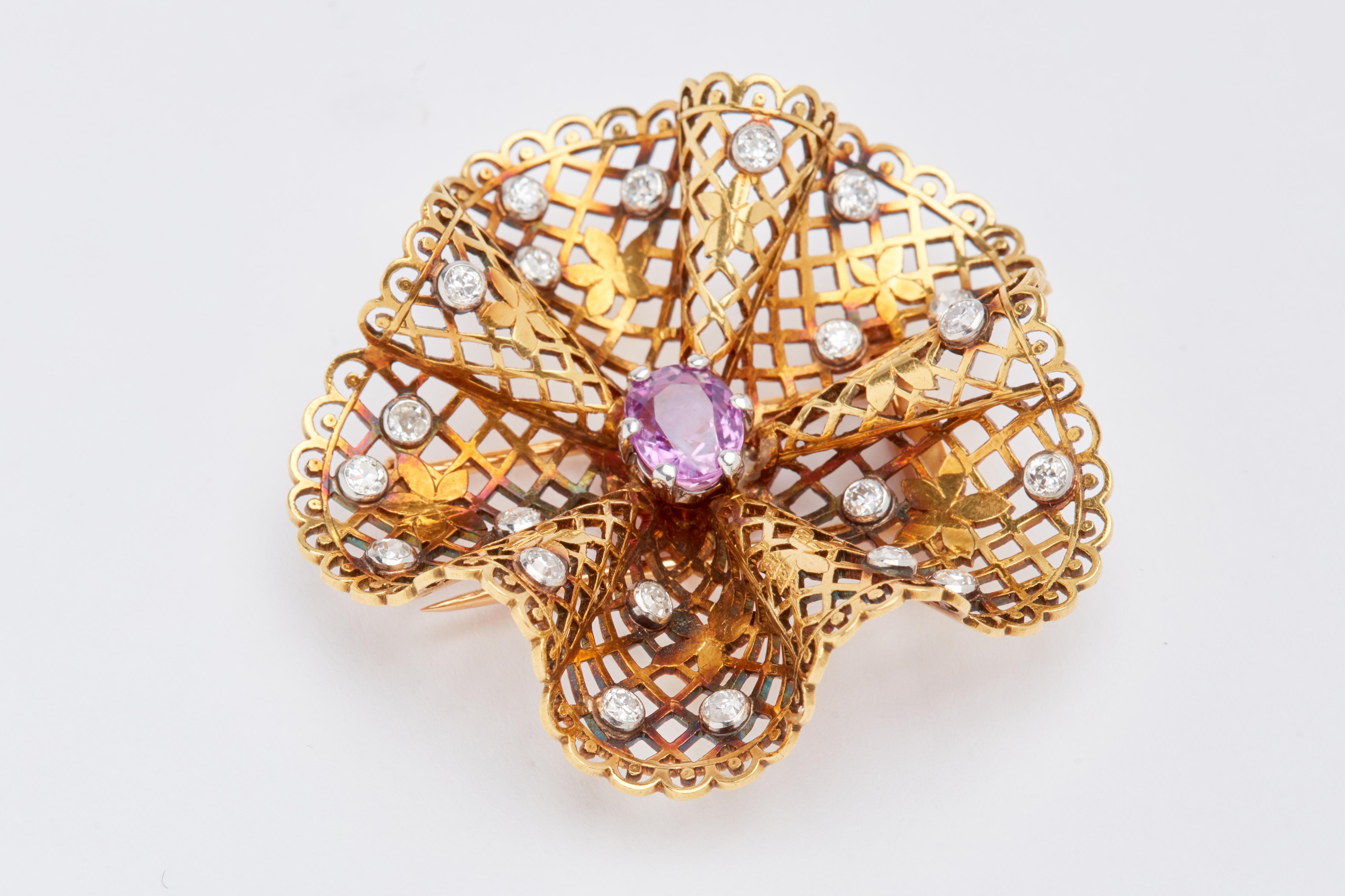 Gold Filligree Brooch with Pink Sapphire and Diamonds 2