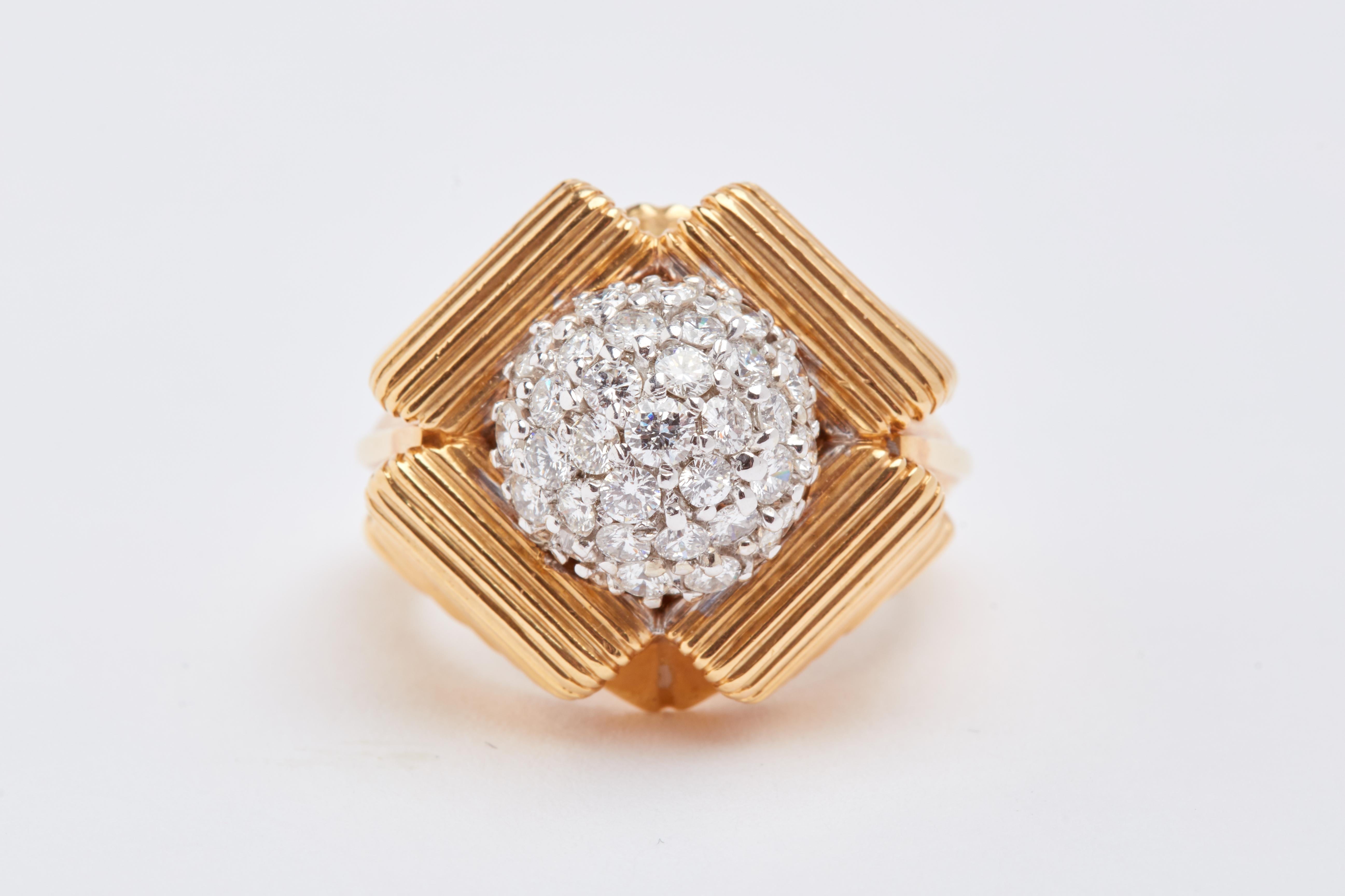 Round Cut 18 Karat Yellow Gold Dome Cluster Geometric Ring