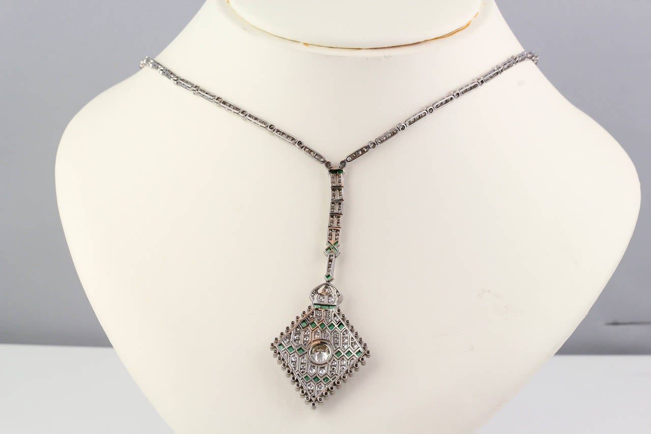 Art Deco Emerald Diamond Platinum Pendant Necklace 2