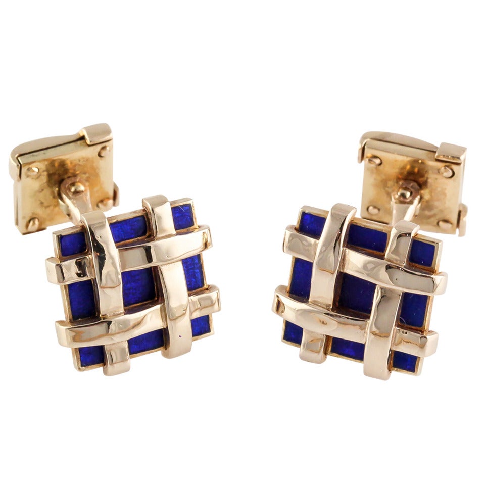 Tiffany & Co. Schlumberger Blue Enamel Gold Basket Weave Cufflinks