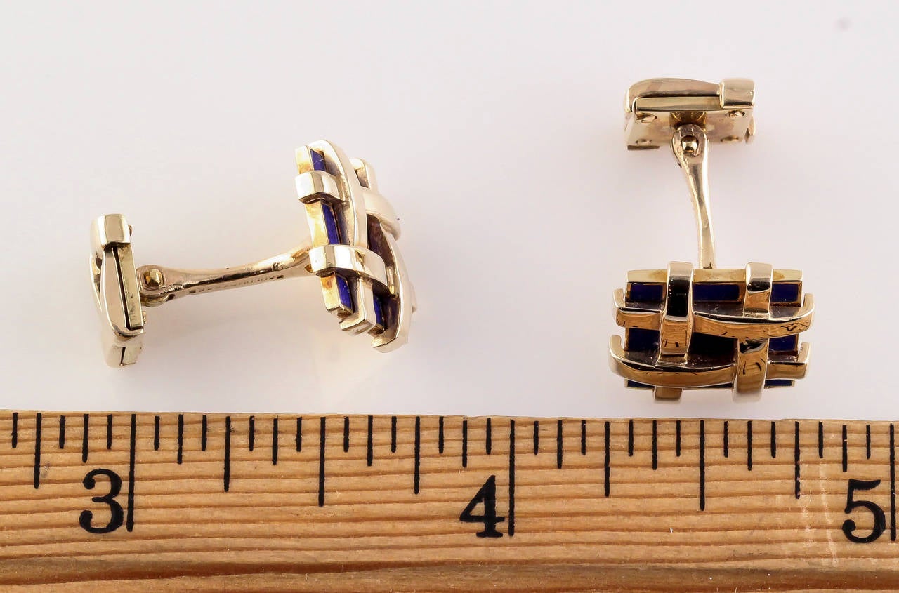 Modern Tiffany & Co. Schlumberger Blue Enamel Gold Basket Weave Cufflinks
