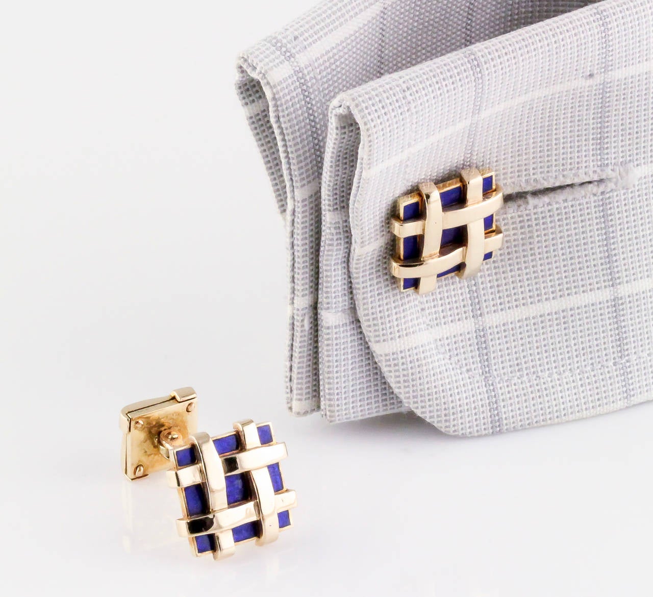 Tiffany & Co. Schlumberger Blue Enamel Gold Basket Weave Cufflinks 1