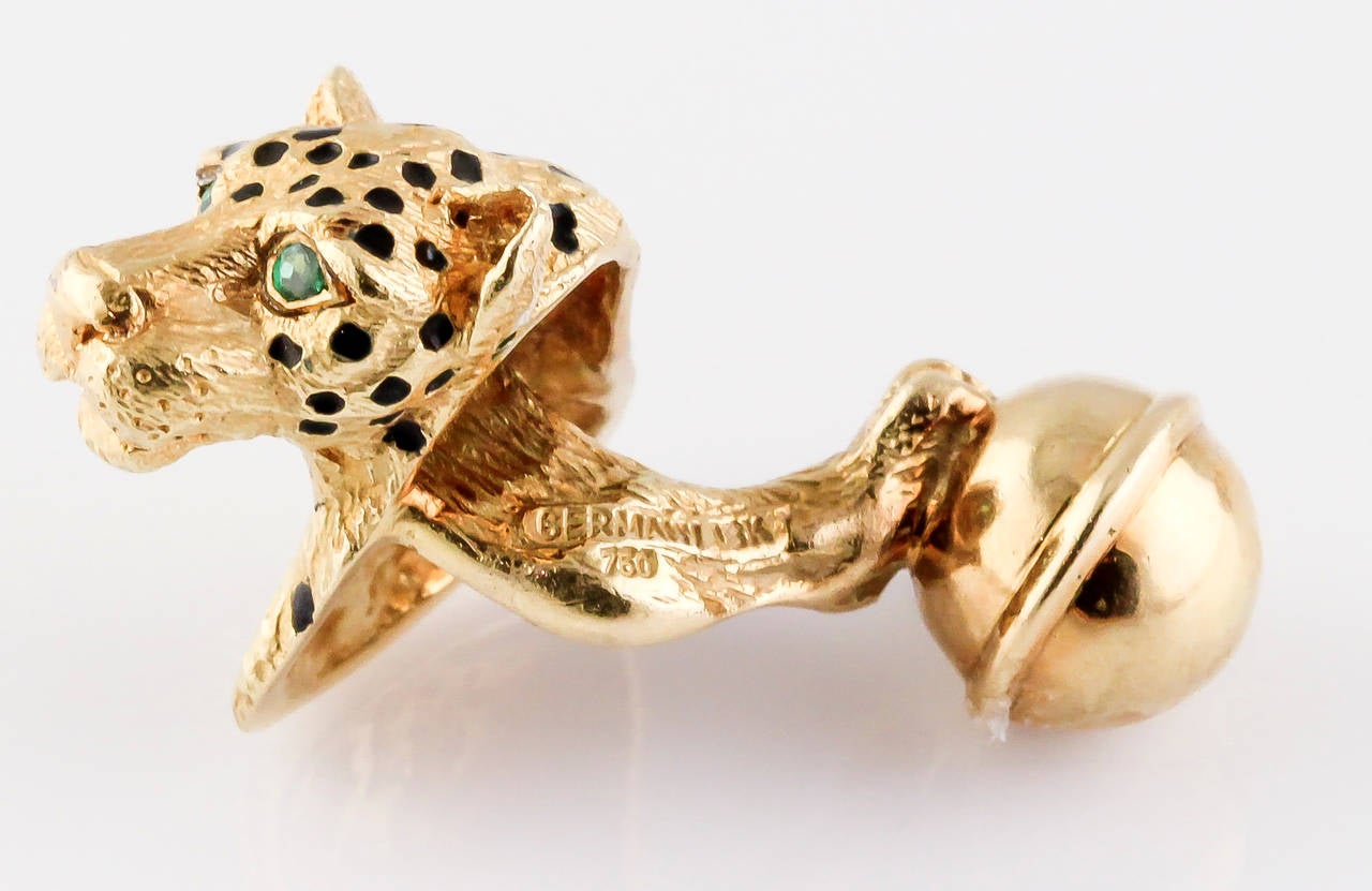 Men's Tiffany & Co. Black Enamel Emerald Gold Leopard Cufflinks